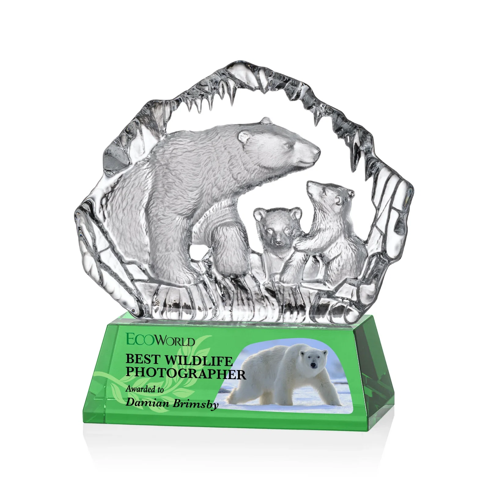 Personalized Optical Crystal Iceberg Award With a Molded Polar Bear Family, awards for corporate award ceremonies