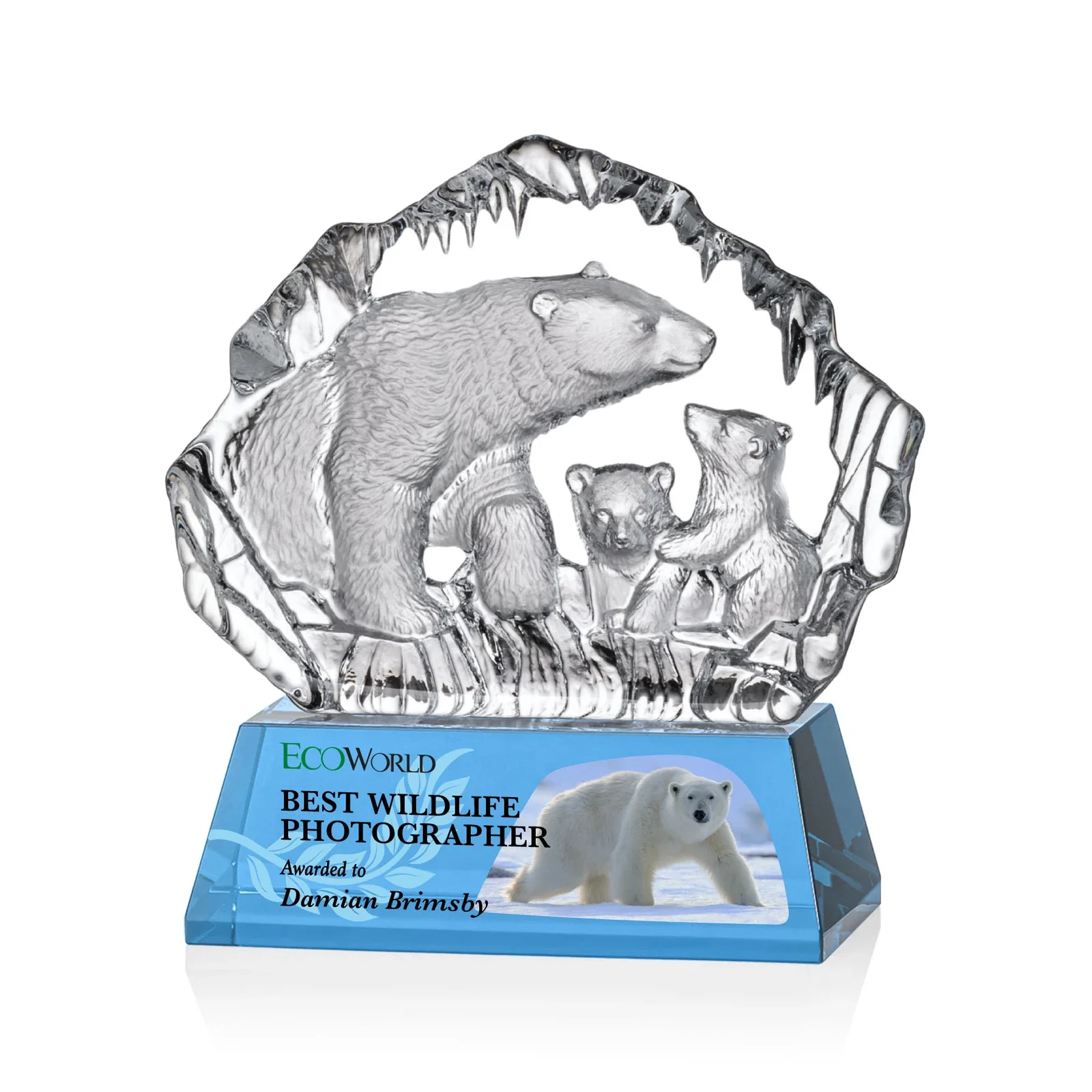 Personalized Optical Crystal Iceberg Award With a Molded Polar Bear Family, awards for service anniversary gifts