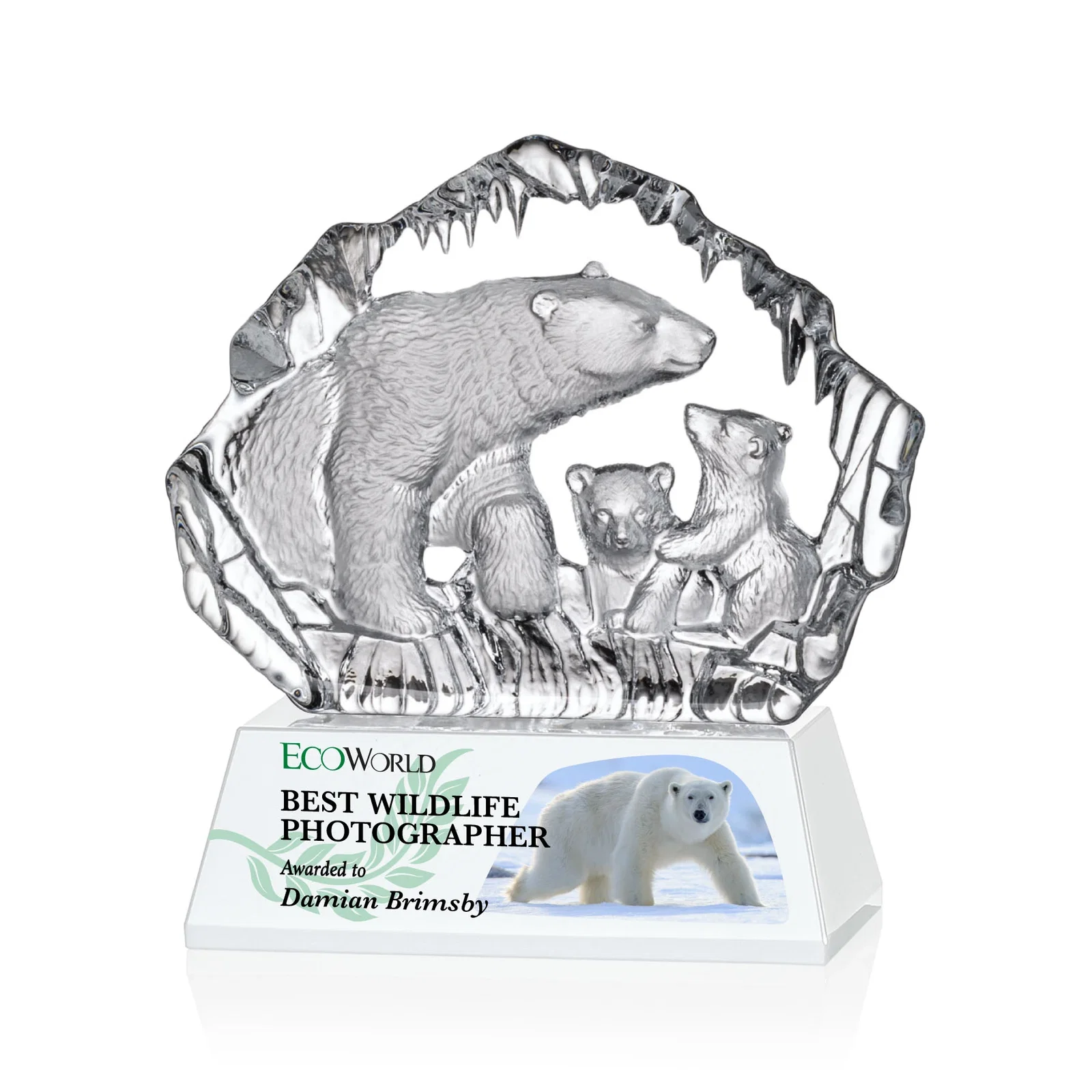 Personalized Optical Crystal Iceberg Award With a Molded Polar Bear Family, awards for sales achievement awards