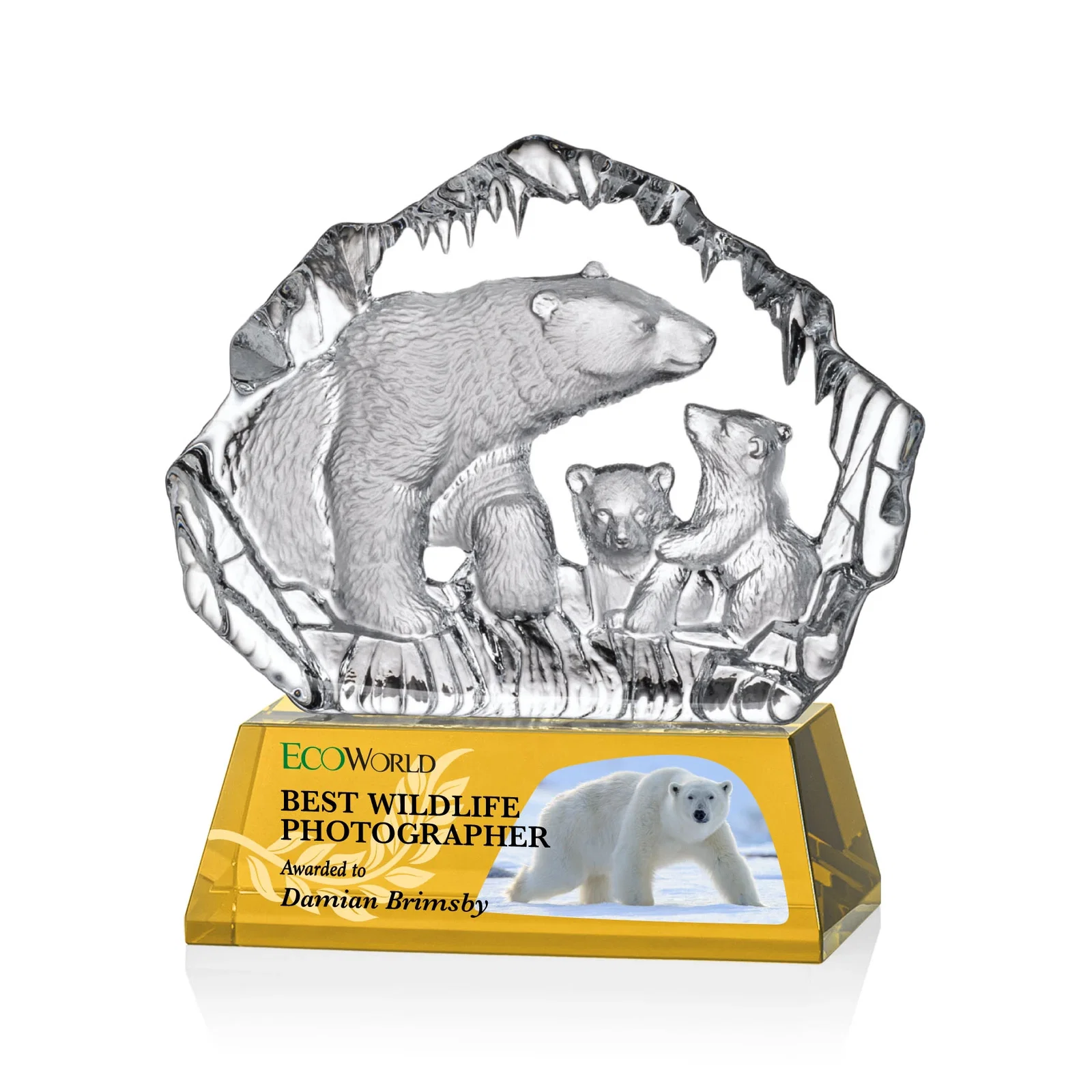 Personalized Optical Crystal Iceberg Award With a Molded Polar Bear Family, awards for retirement presentations