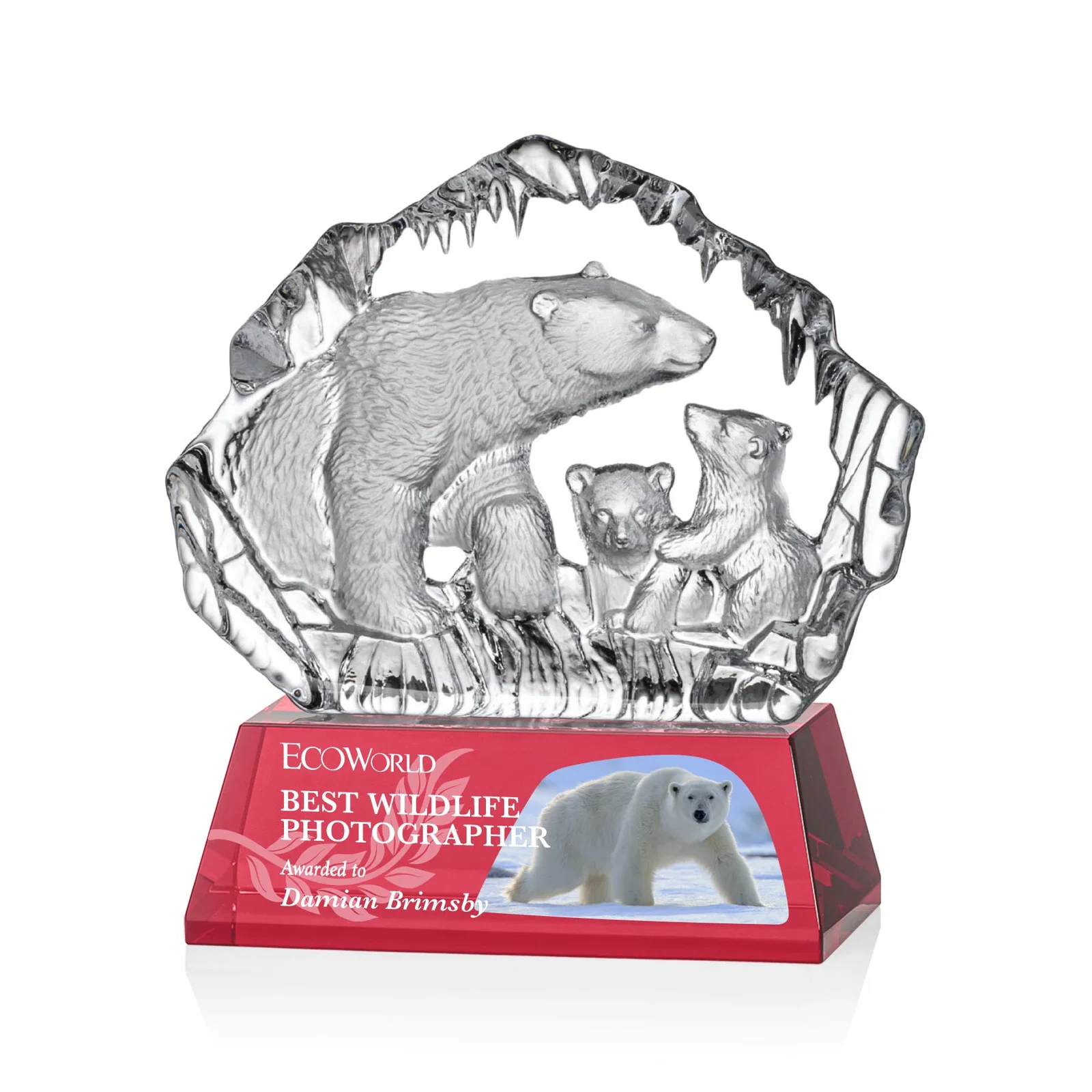 Personalized Optical Crystal Iceberg Award With a Molded Polar Bear Family, awards for team milestone celebrations