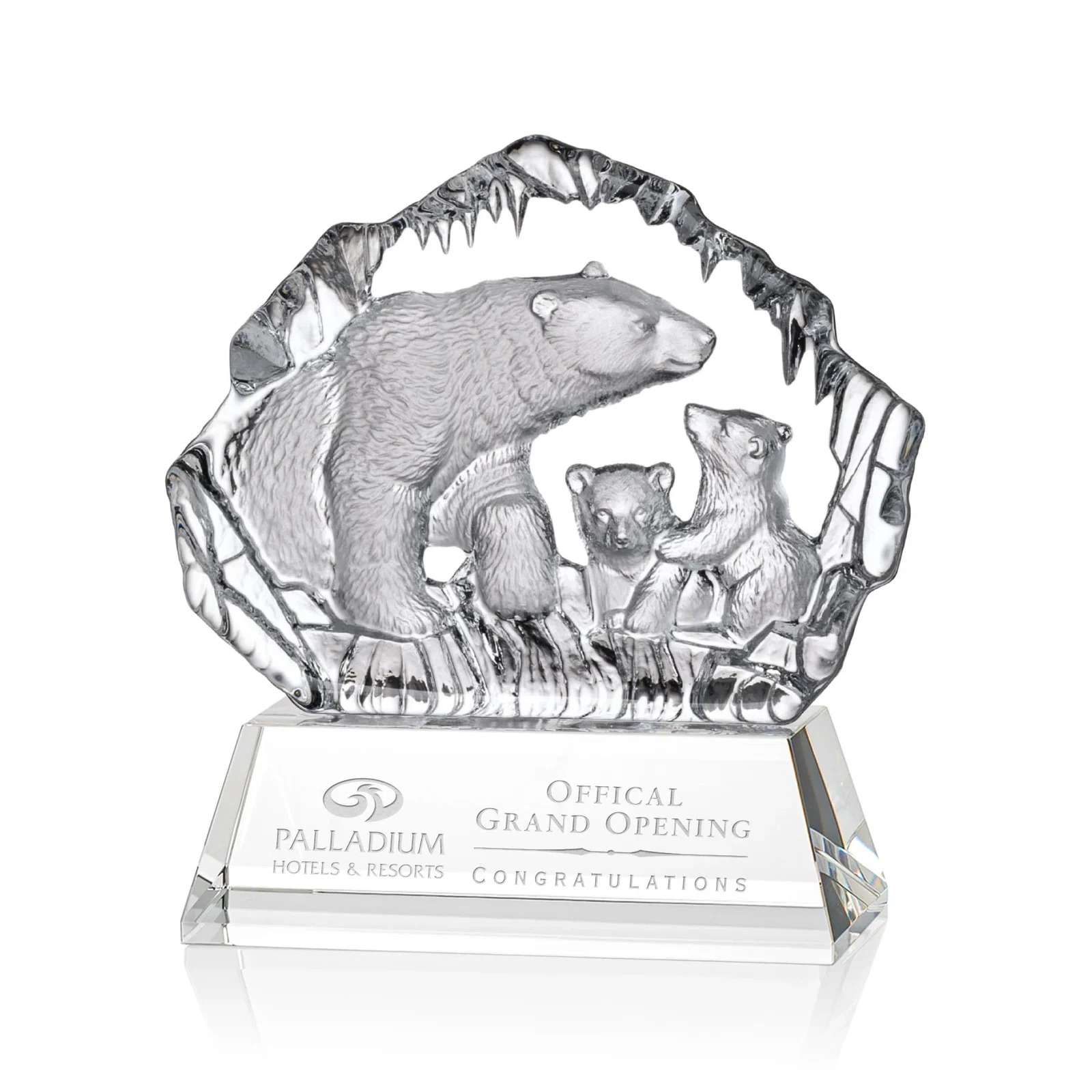 Custom Optical Crystal Iceberg Award With a Molded Polar Bear Family, awards for corporate award ceremonies