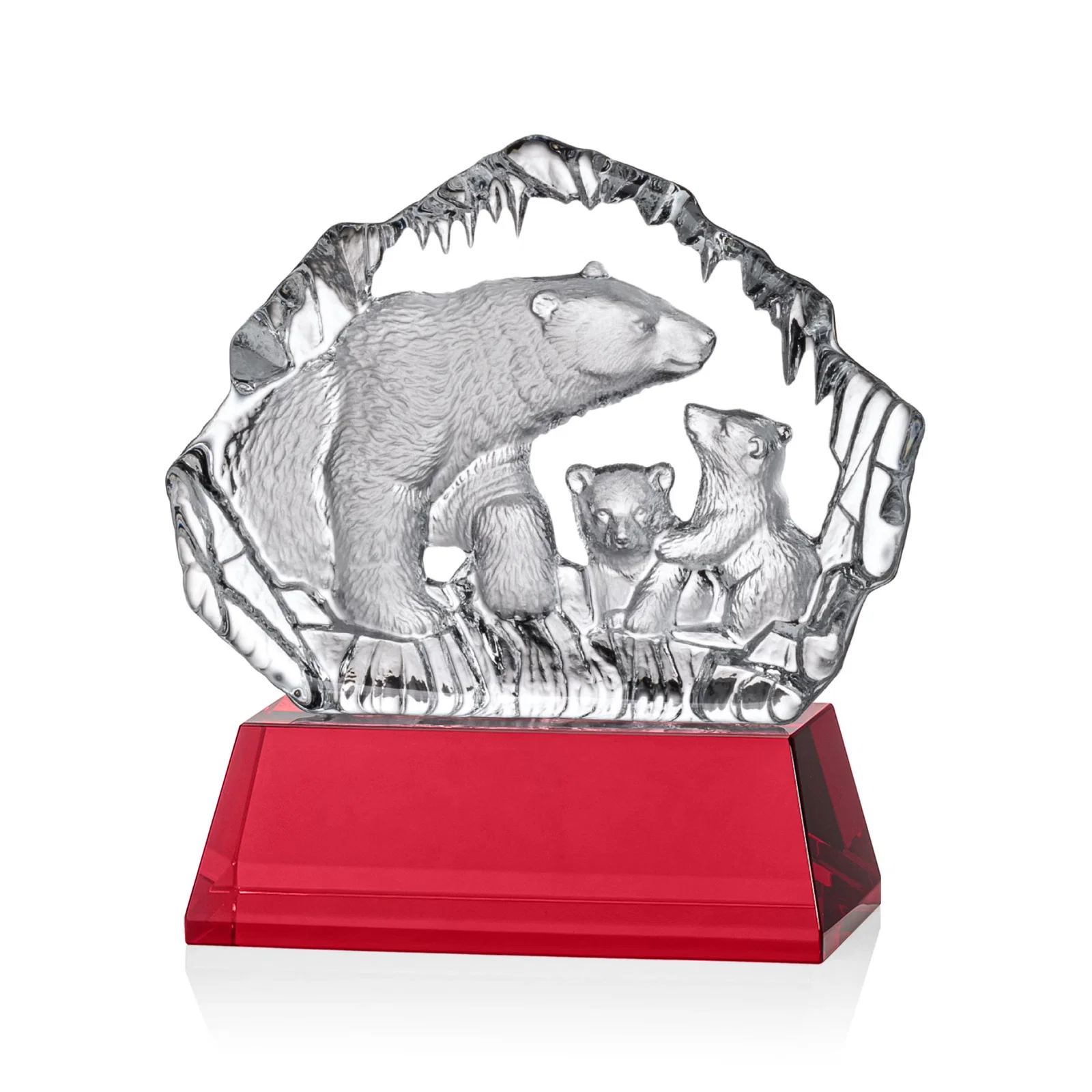 Personalized Optical Crystal Iceberg Award With a Molded Polar Bear Family, awards for dealer and partner awards