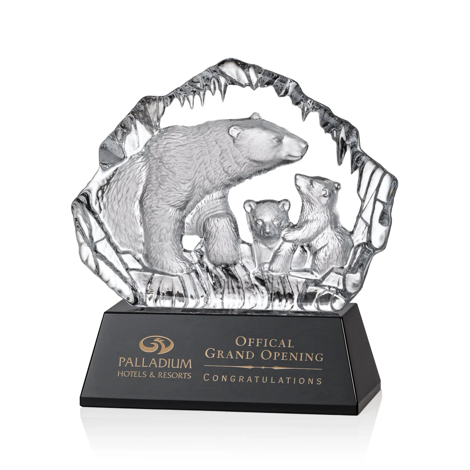 Custom Optical Crystal Iceberg Award With a Molded Polar Bear Family, awards for service anniversary gifts