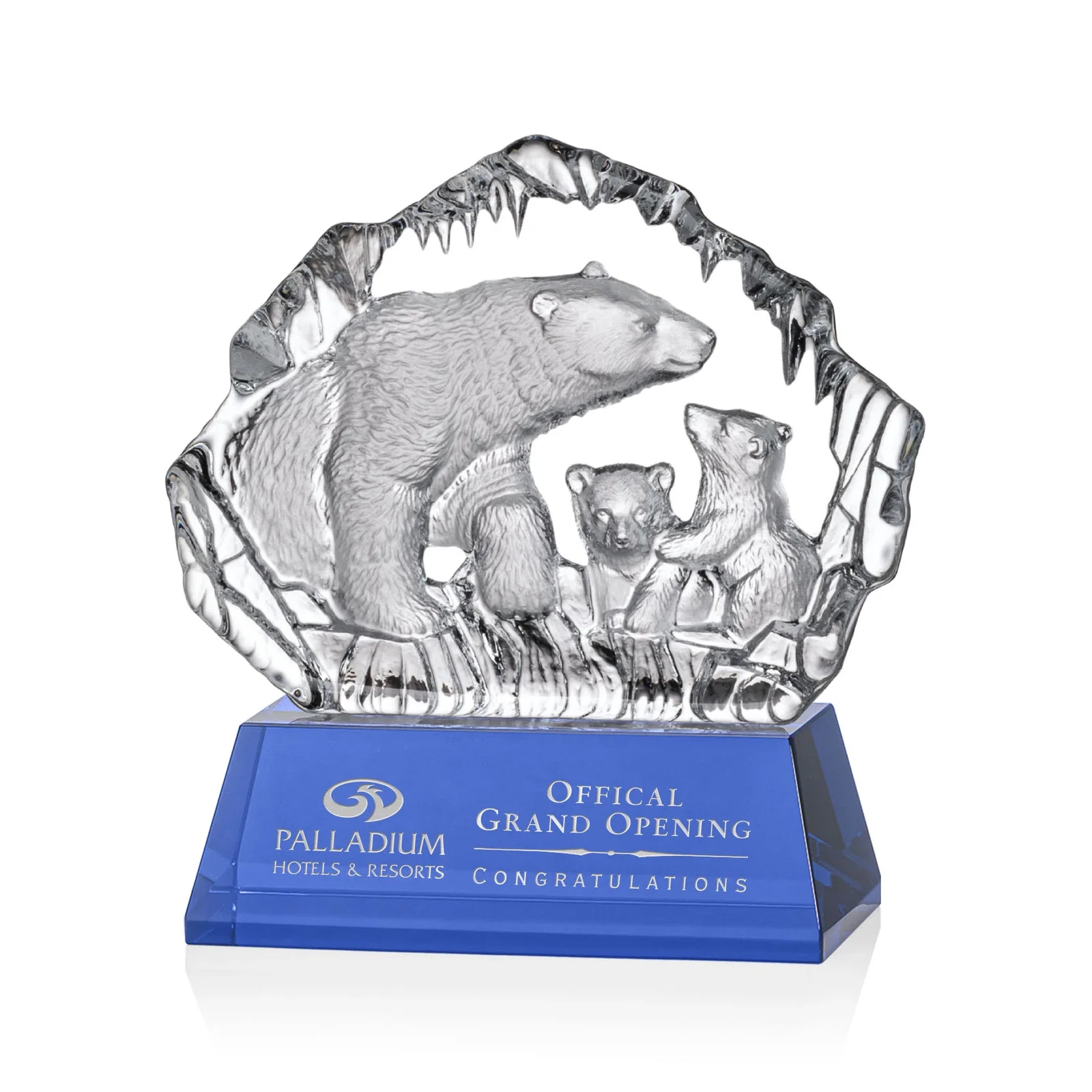 Custom Optical Crystal Iceberg Award With a Molded Polar Bear Family, awards for sales achievement awards