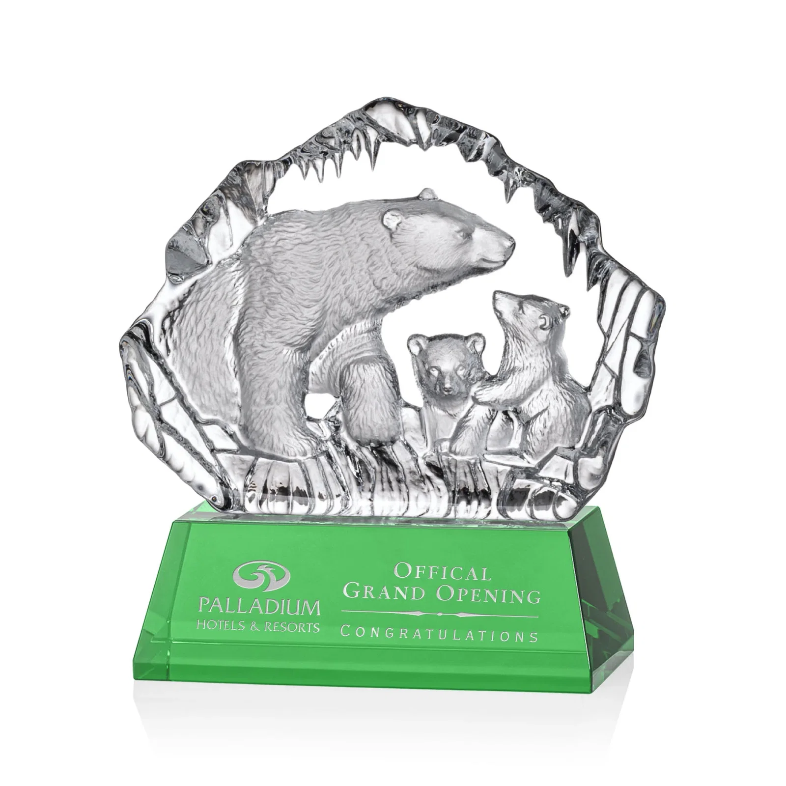Custom Optical Crystal Iceberg Award With a Molded Polar Bear Family, awards for retirement presentations