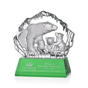 Optical Crystal Iceberg Award With a Molded Polar Bear Family