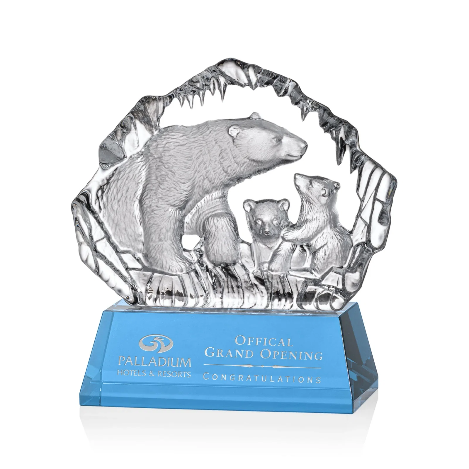 Custom Optical Crystal Iceberg Award With a Molded Polar Bear Family, awards for team milestone celebrations