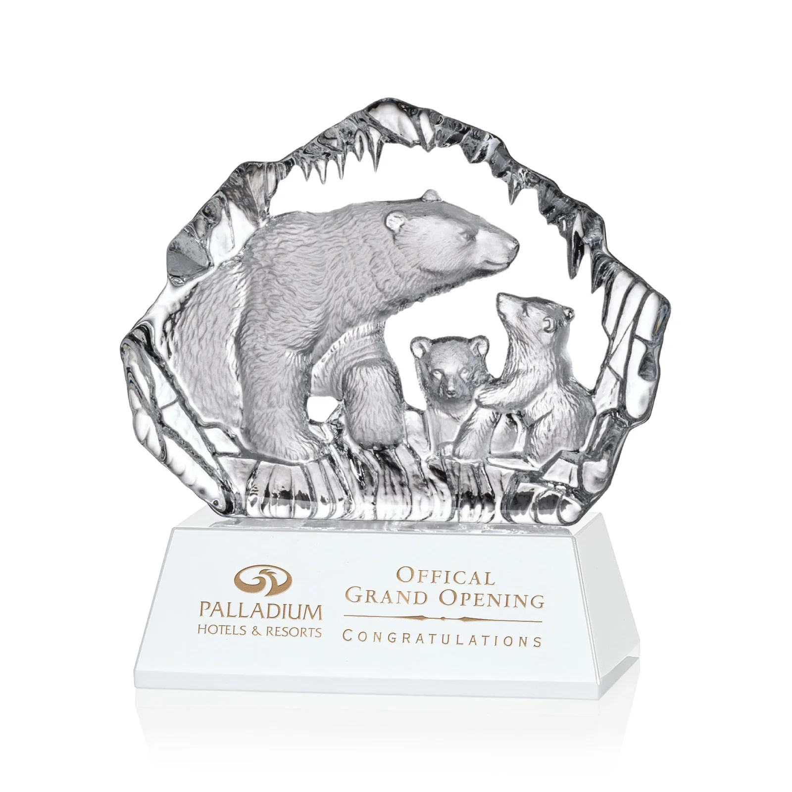 Custom Optical Crystal Iceberg Award With a Molded Polar Bear Family, awards for donor appreciation