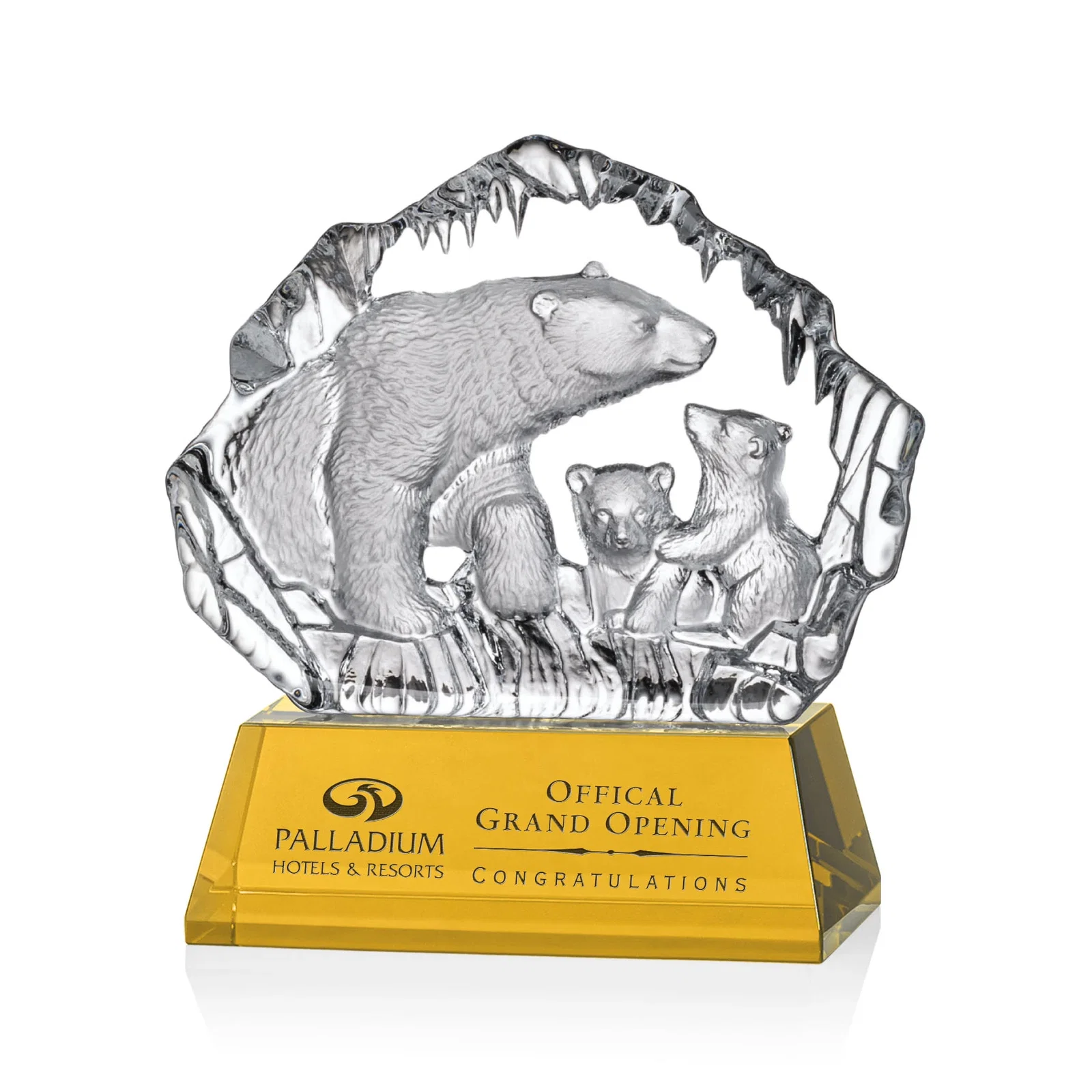 Custom Optical Crystal Iceberg Award With a Molded Polar Bear Family, awards for graduation ceremonies