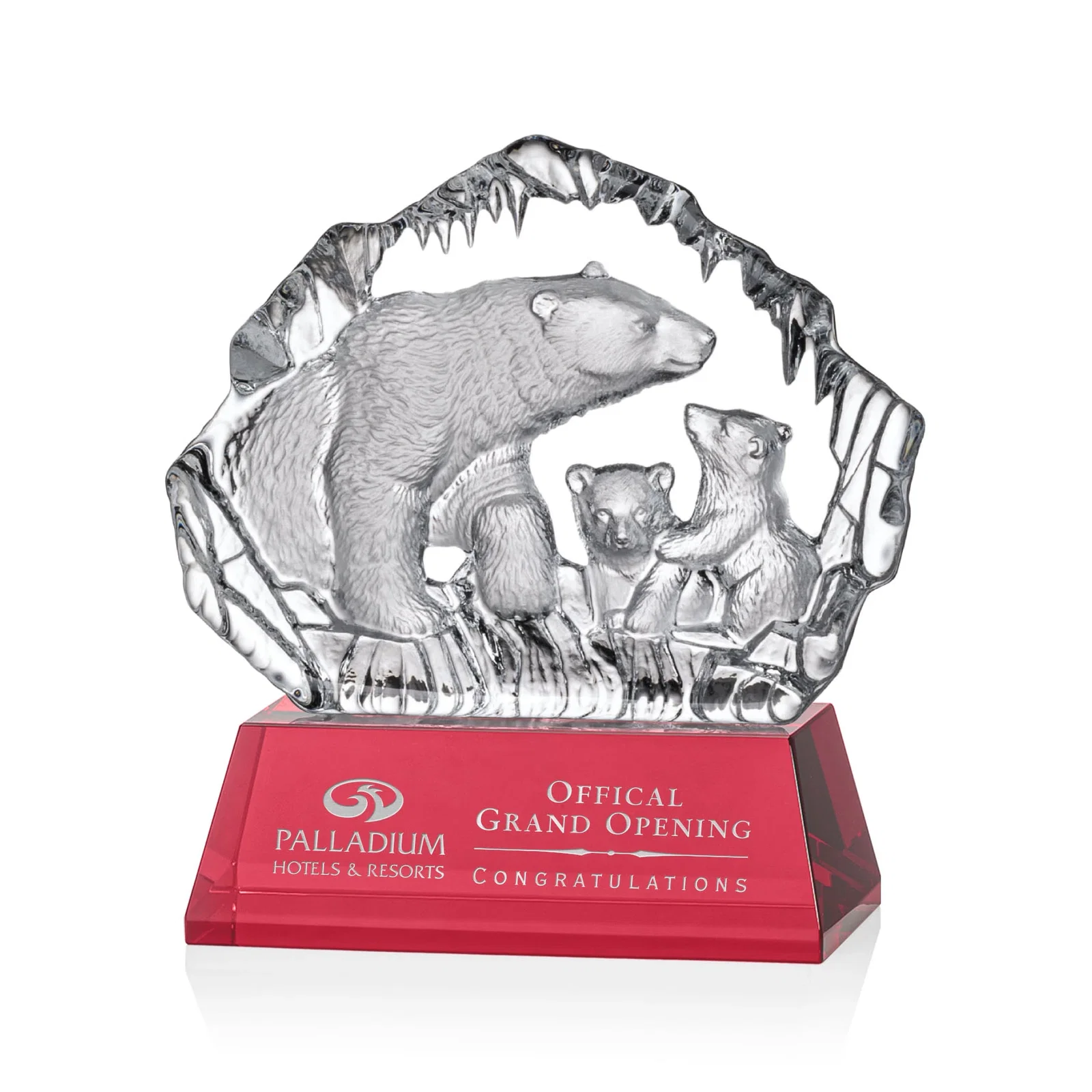 Custom Optical Crystal Iceberg Award With a Molded Polar Bear Family, awards for safety achievement programs