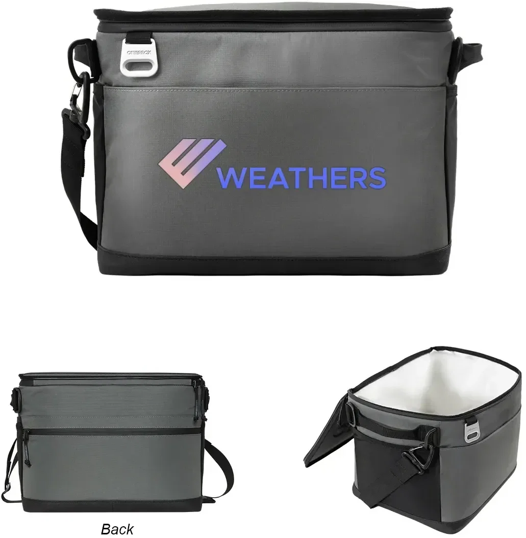 Gray cube cooler with a top handle and latching lid