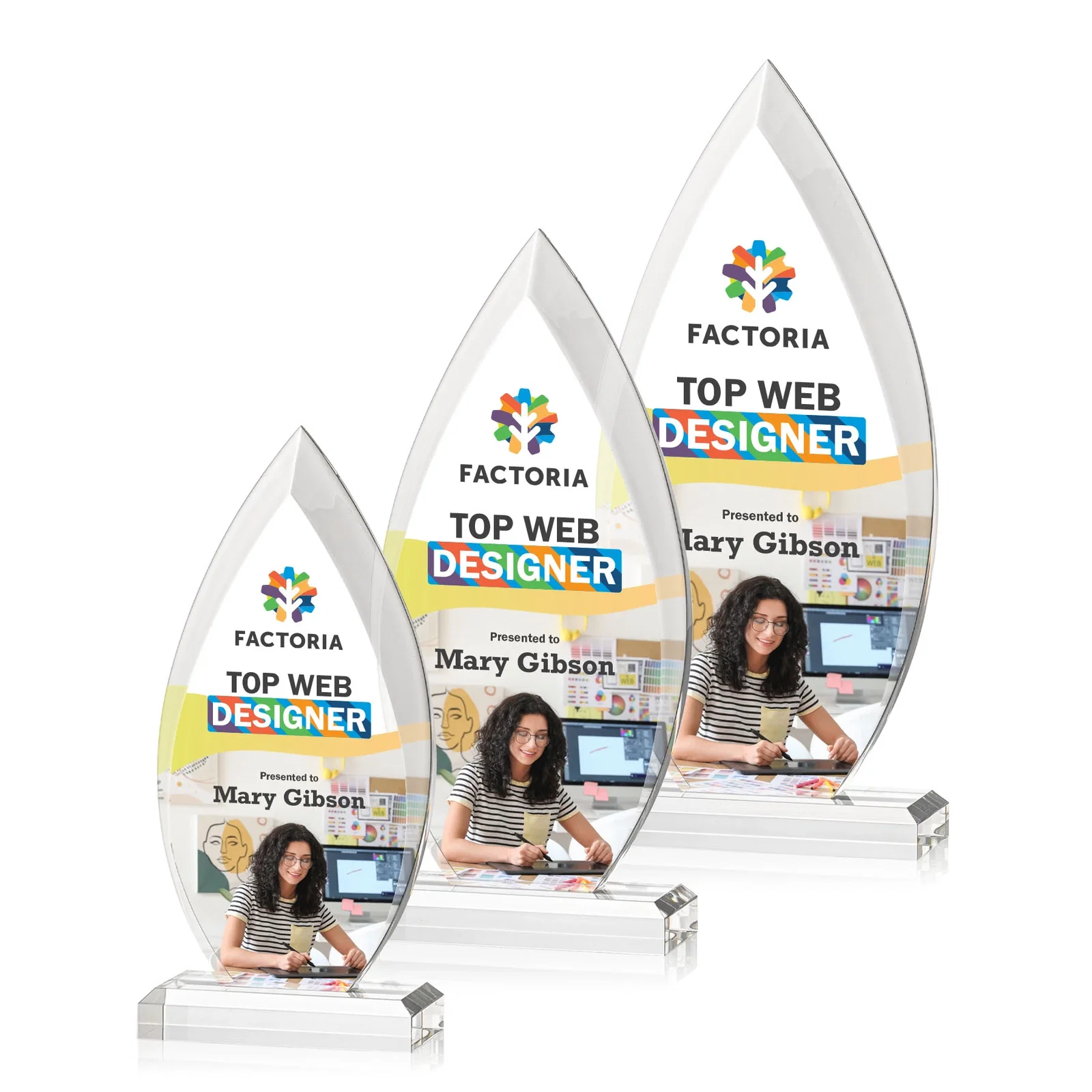 Custom Acrylic Flame Award, Single Molded Block With Sweeping Bevels for retirement presentations
