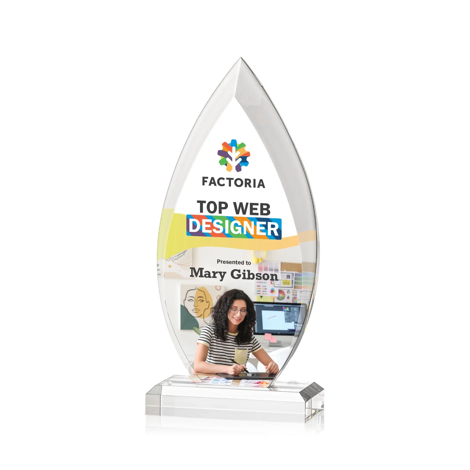 Custom Acrylic Flame Award, Single Molded Block With Sweeping Bevels for team milestone celebrations