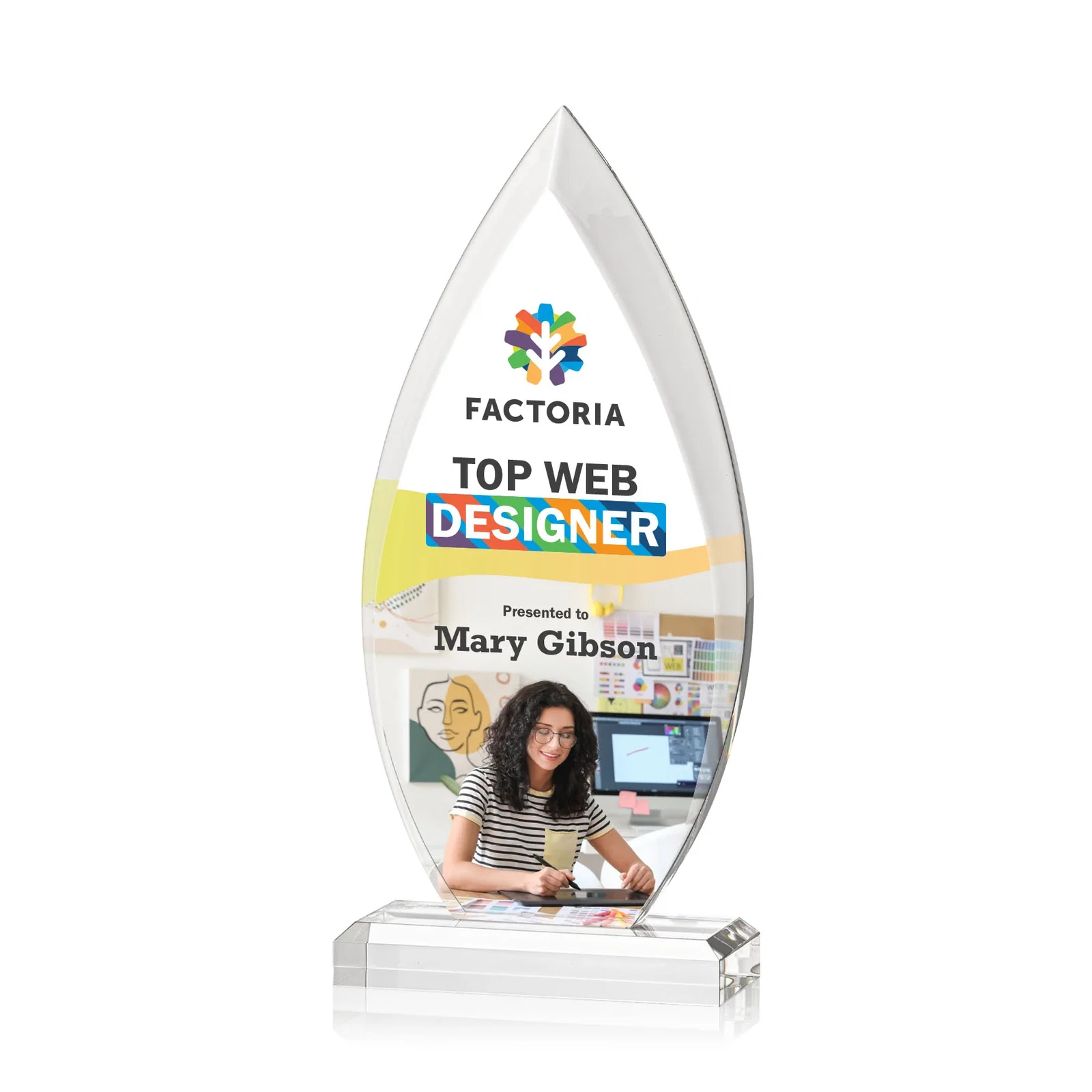 Custom Acrylic Flame Award, Single Molded Block With Sweeping Bevels for donor appreciation
