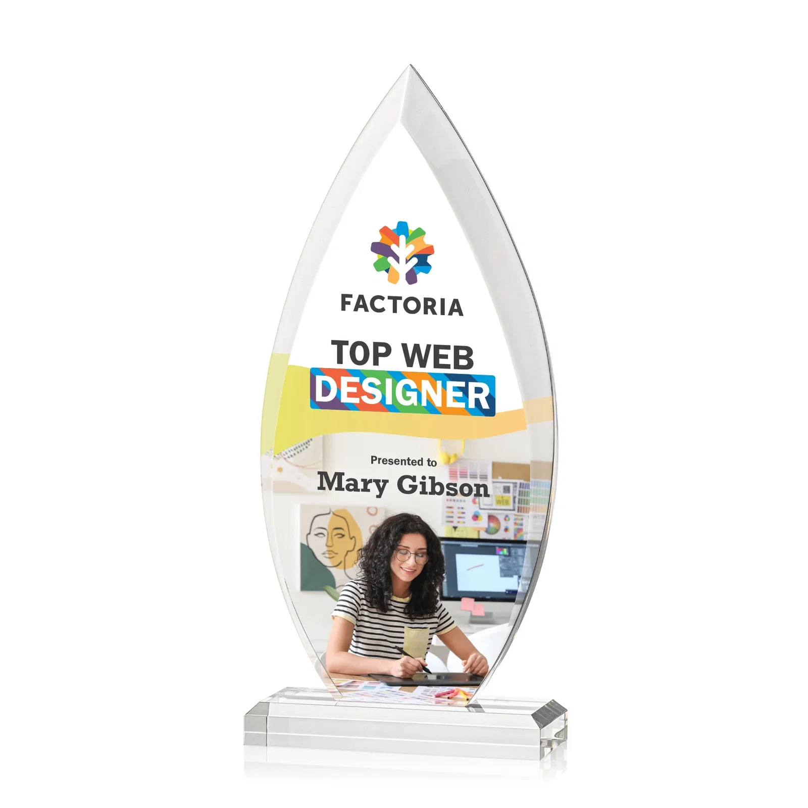 Custom Acrylic Flame Award, Single Molded Block With Sweeping Bevels for graduation ceremonies