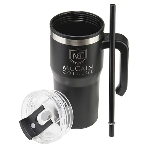 Outback 20 oz custom branded stainless straw mug with handle, lid, and straw