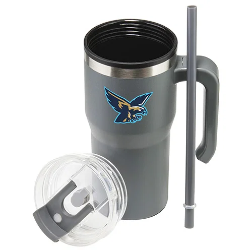 Outback promotional logo travel mug side view showing the handle