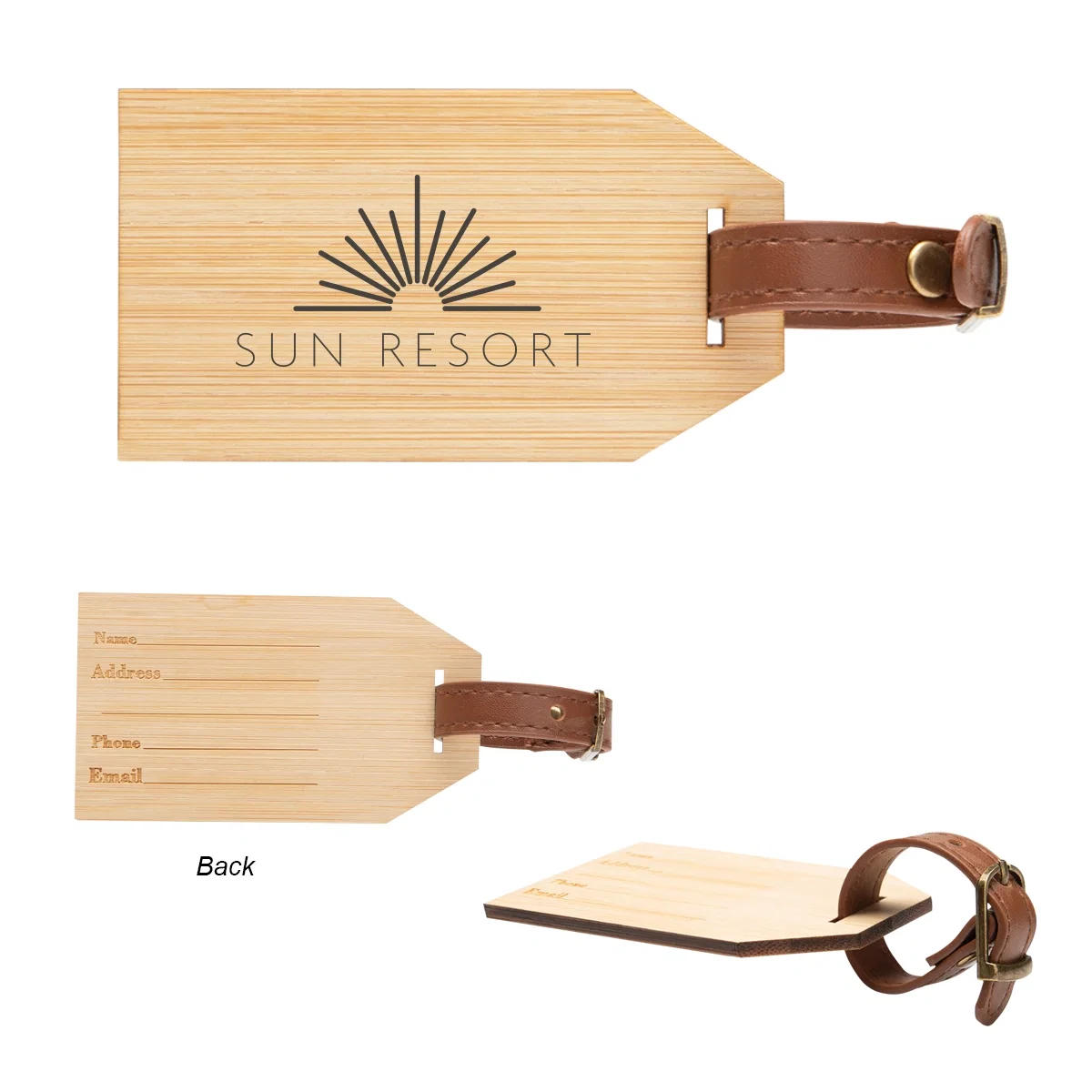 Natural bamboo luggage tag measuring four inches wide