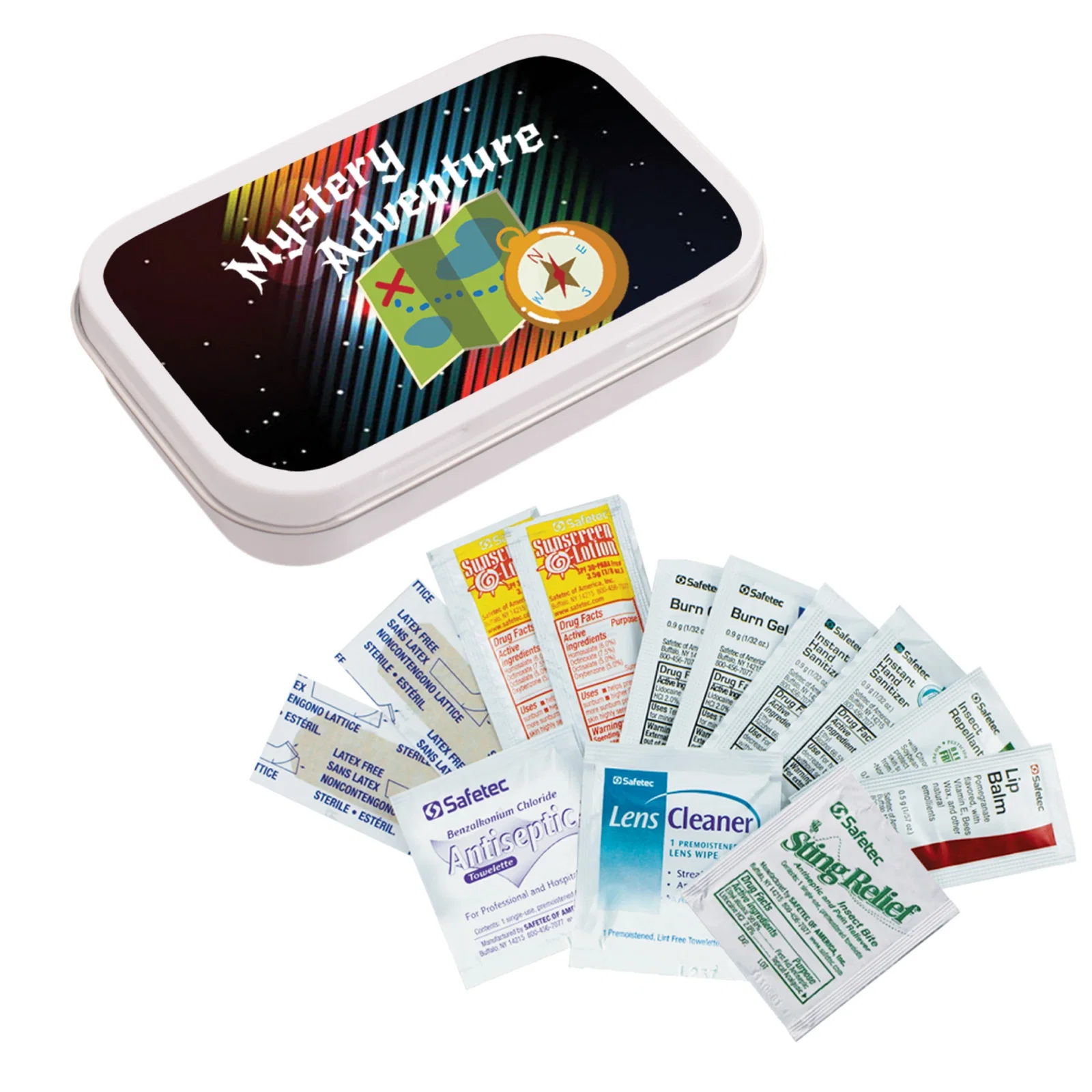 Compact metal tin holding outdoor first aid and travel essentials