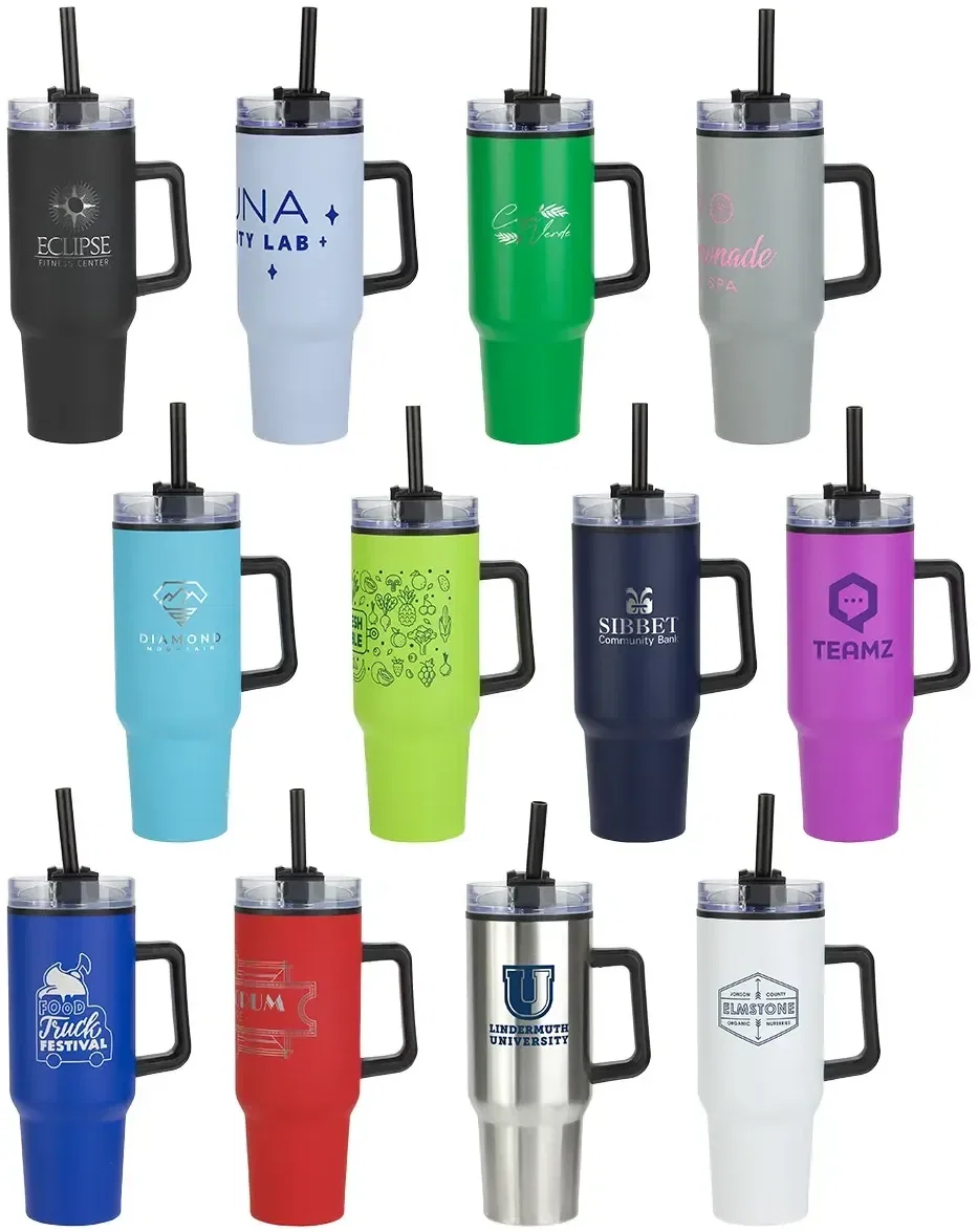 Custom Outpost 40 oz stainless steel mug with branded logo, front view