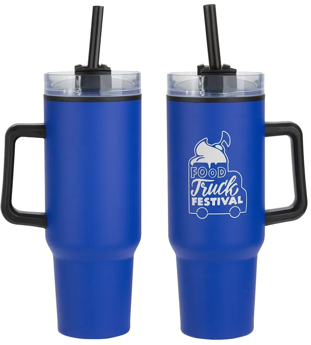 Branded Outpost 40 oz travel mug, side profile with handle