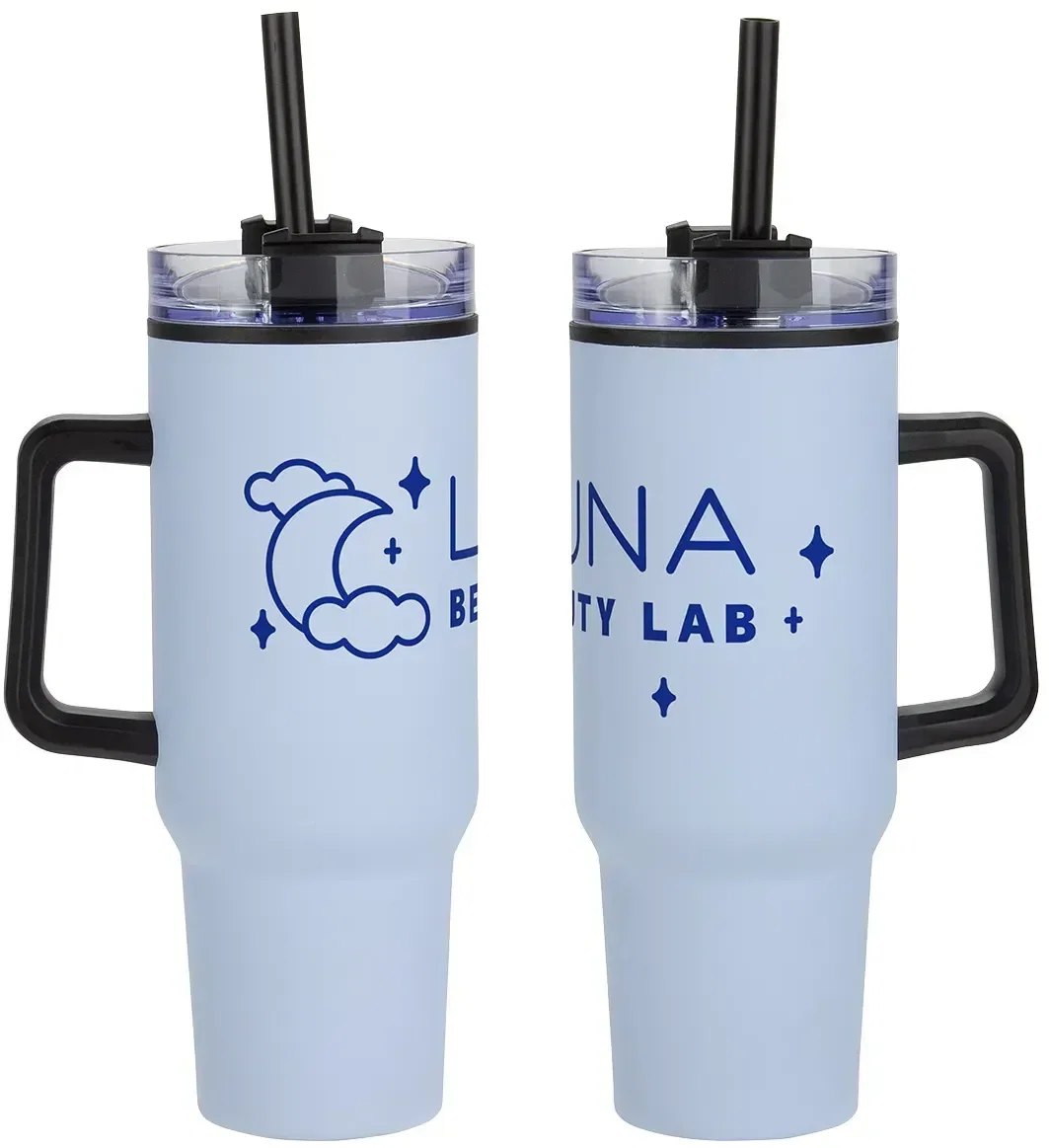 Promotional Outpost 40 oz stainless steel mug, angled view of the lid