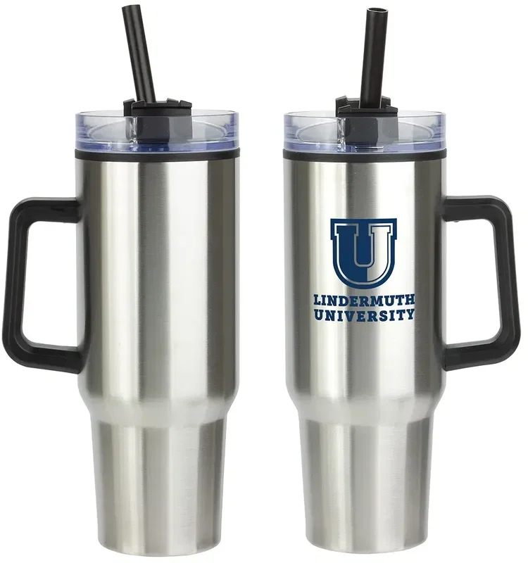 Branded Outpost 40 oz travel mug, detail of the handle grip