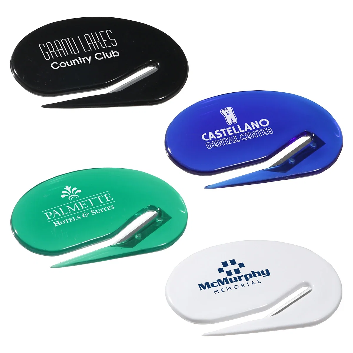 Oval letter opener with concealed cutting blade in a compact plastic handle