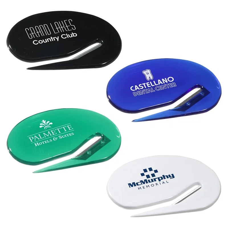 Oval letter opener with concealed cutting blade in a compact plastic handle