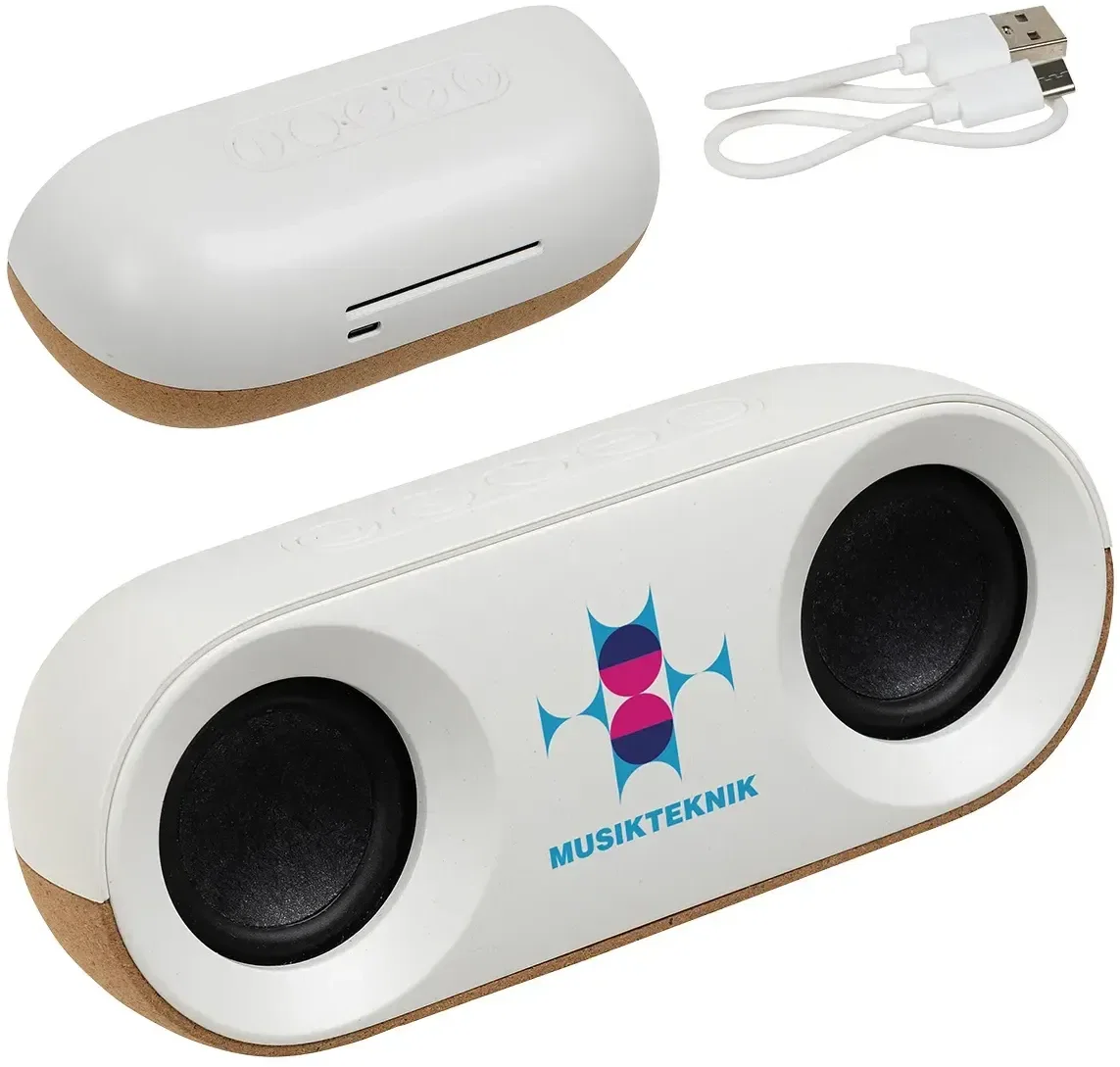 Ovation 10W Cork Bluetooth Speaker, branded wireless speaker with logo, front view