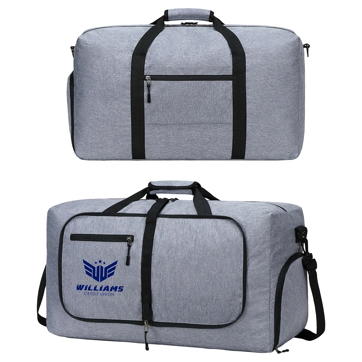 Custom Overnighter Foldable Travel Duffel, front view of the branded duffel bag