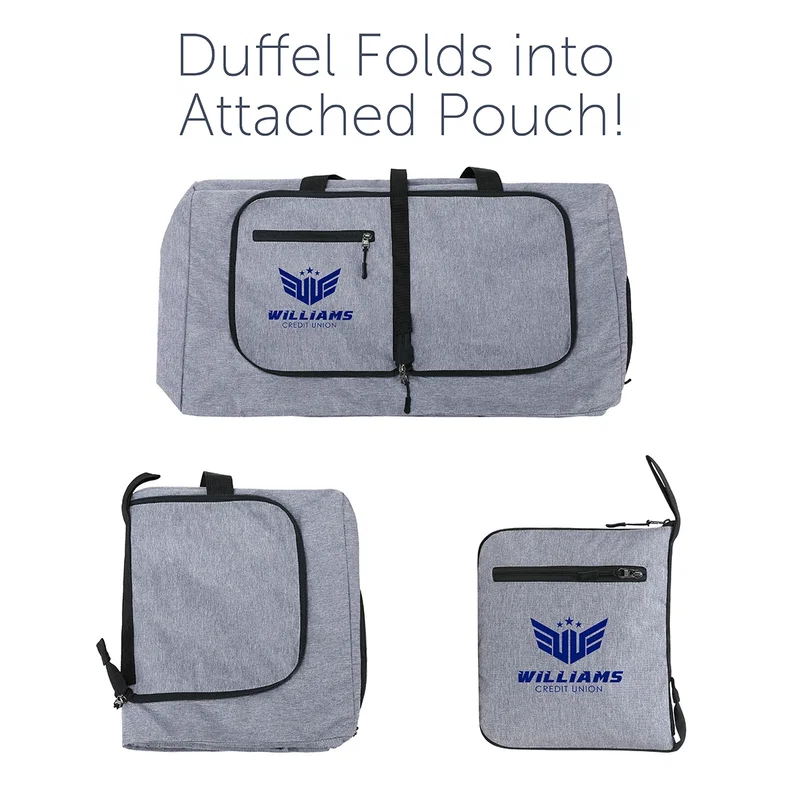 Close-up of the custom Overnighter Foldable Travel Duffel's logo imprint area