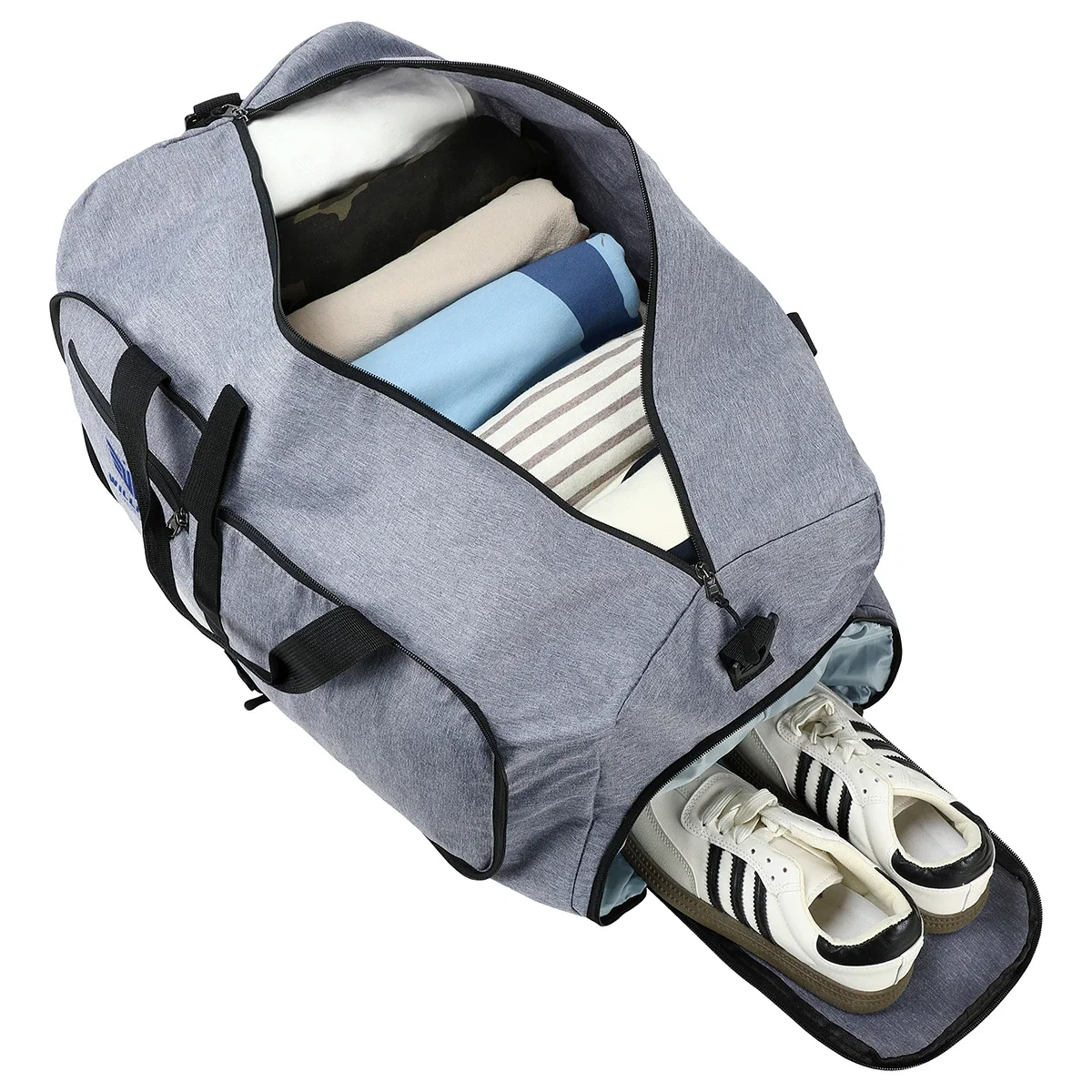 Side profile of the branded Overnighter Foldable Travel Duffel