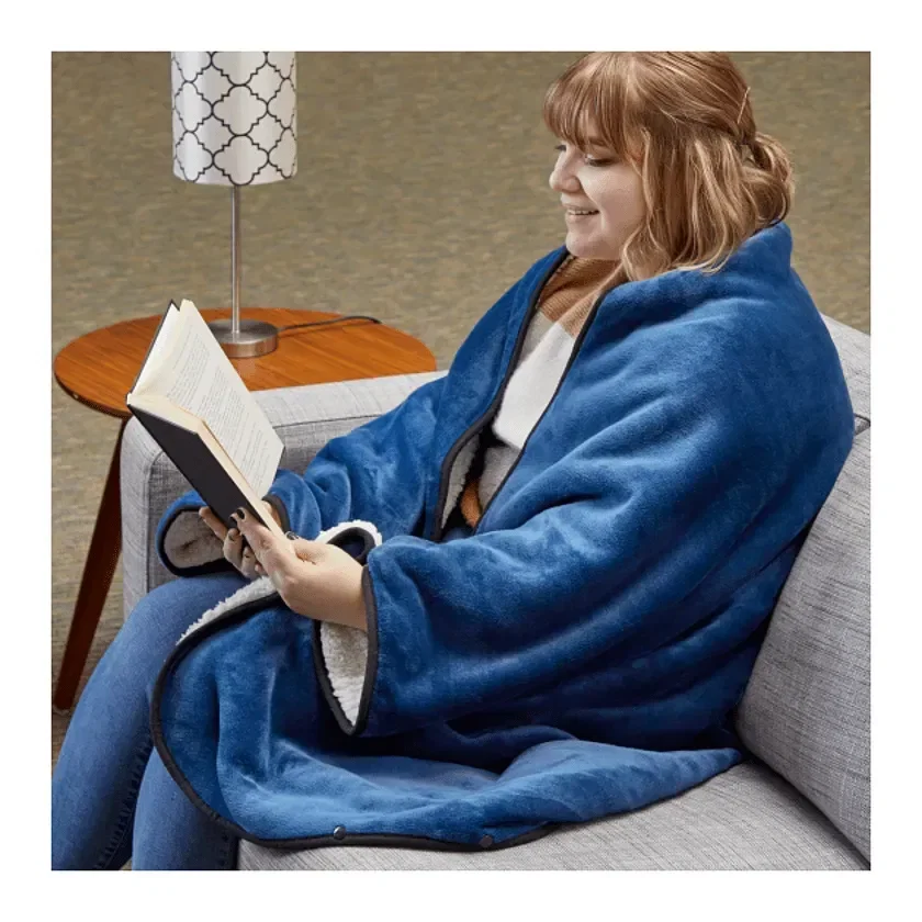 Oversized Wearable WFH Cozy Fleece Sherpa Blanket in use