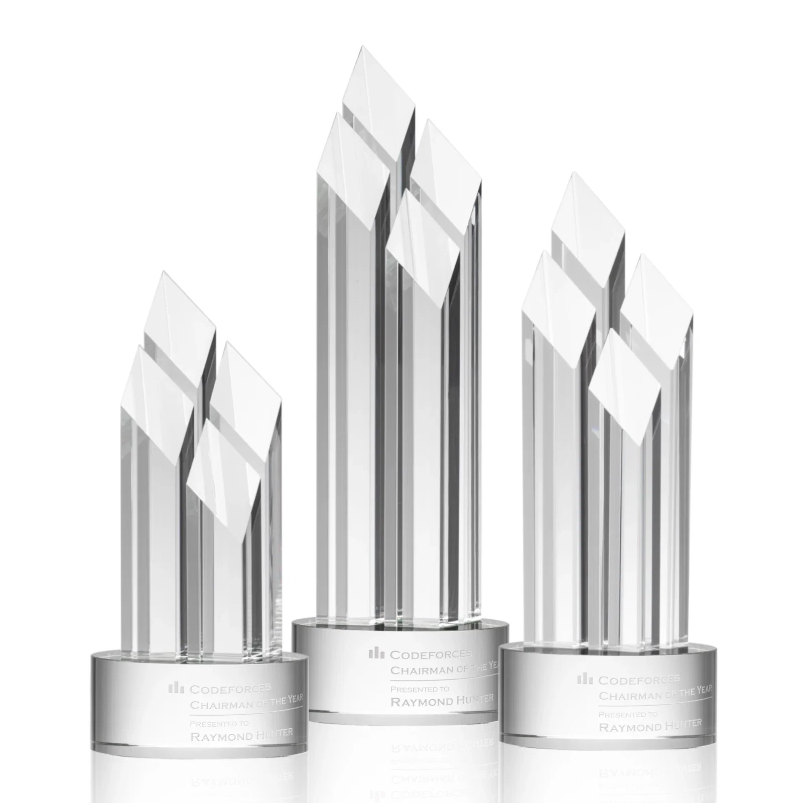 Custom Clear and Black Optical Crystal Four-Tower Award for retirement presentations