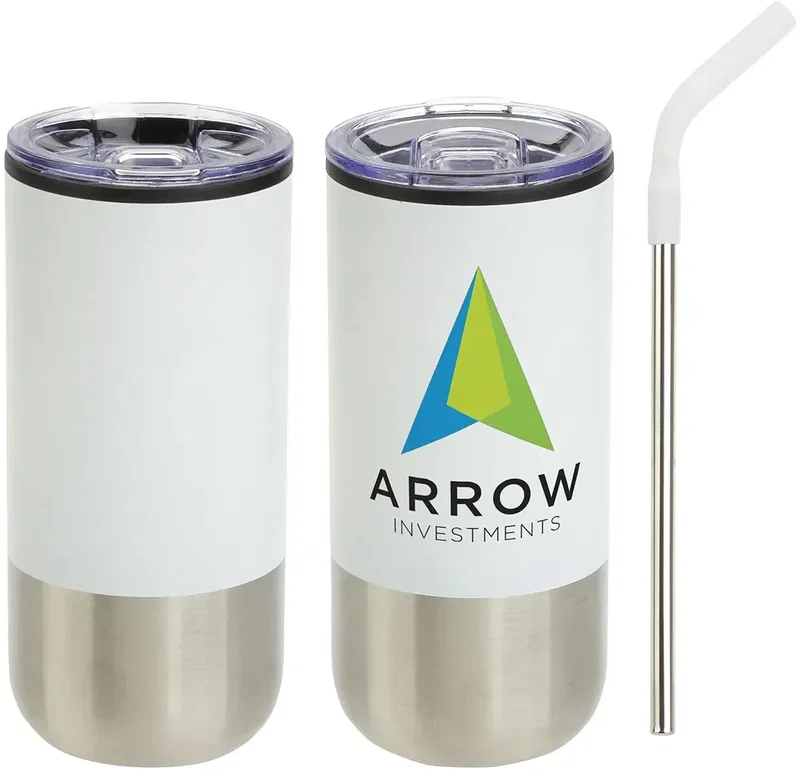 Oxford 16 oz tumbler with metal straw, base detail, custom branded