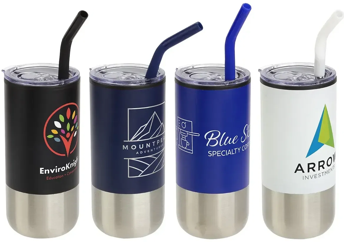 Oxford 16 oz tumbler with metal straw, custom branded promotional stainless steel drinkware, front view