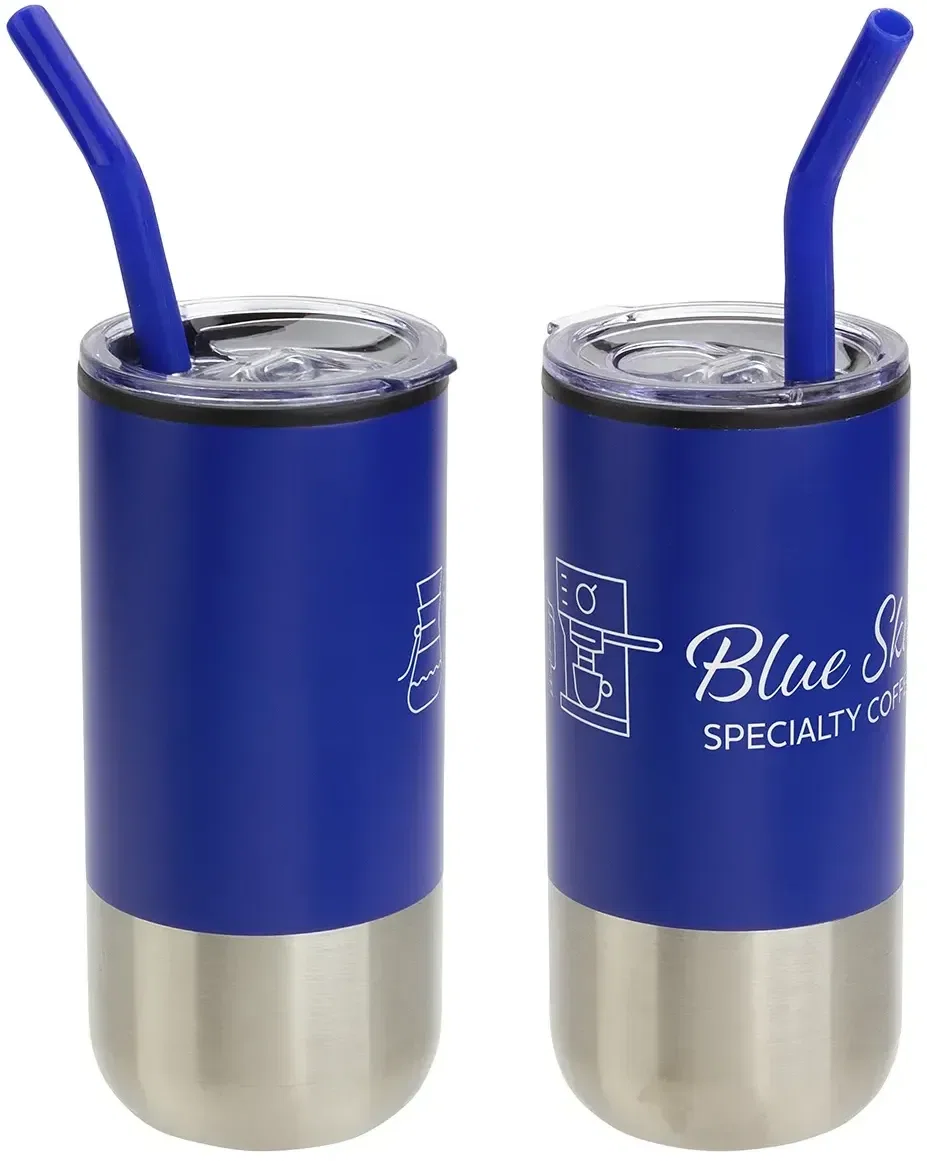 Custom logo Oxford 16 oz tumbler, side profile with reusable metal straw