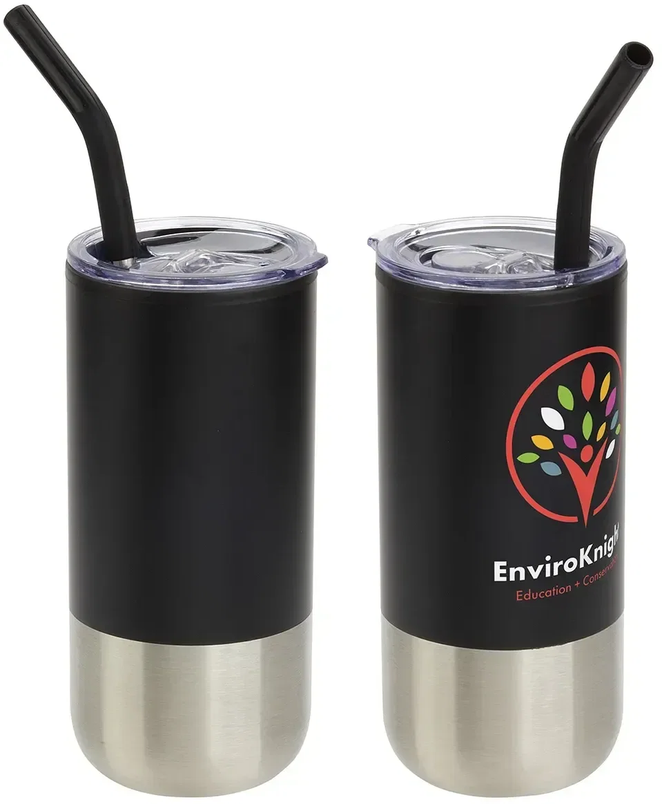Branded Oxford 16 oz stainless steel tumbler, straw lid close-up