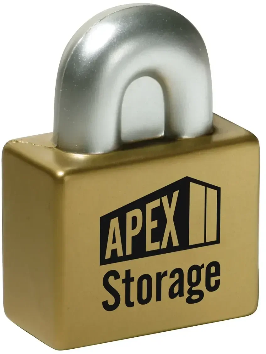 Padlock custom stress ball shaped like a padlock, branded security and data-protection promotional logo giveaway
