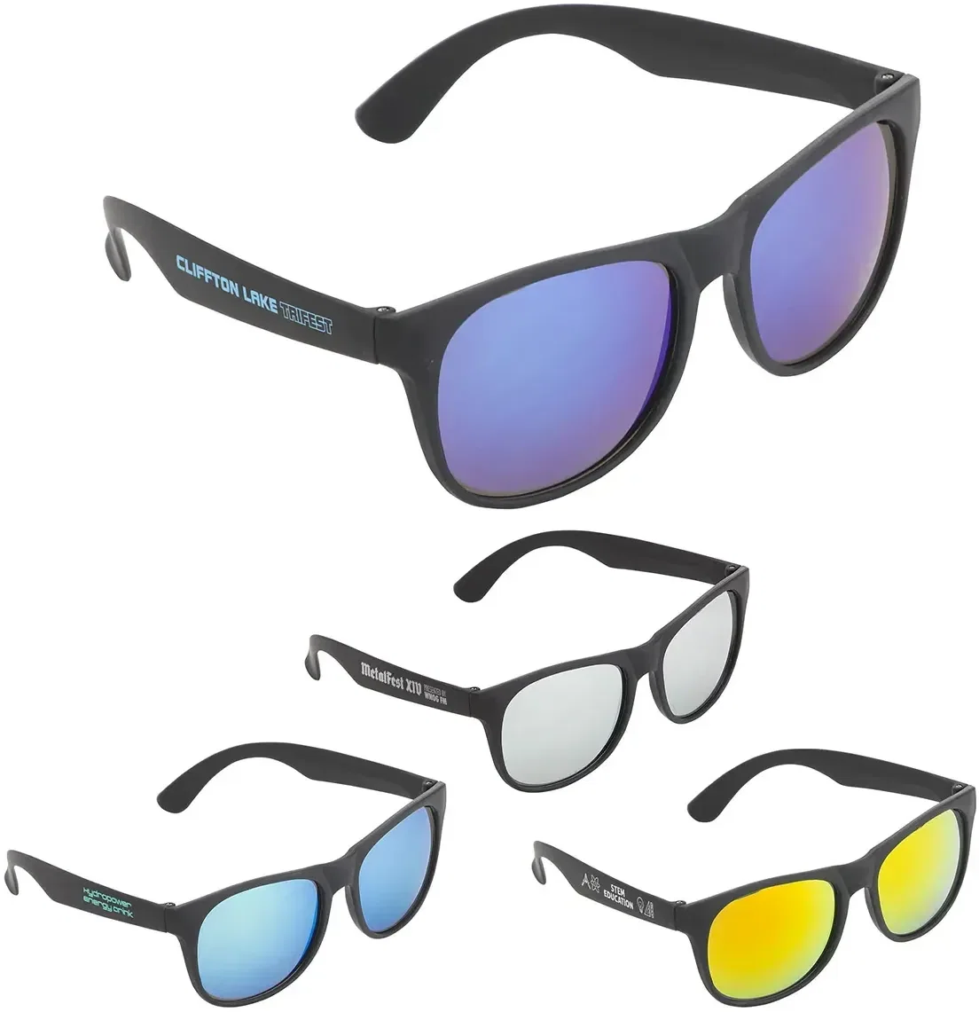 Palmetto mirrored-lens sunglasses, custom black frames with reflective lenses, front view