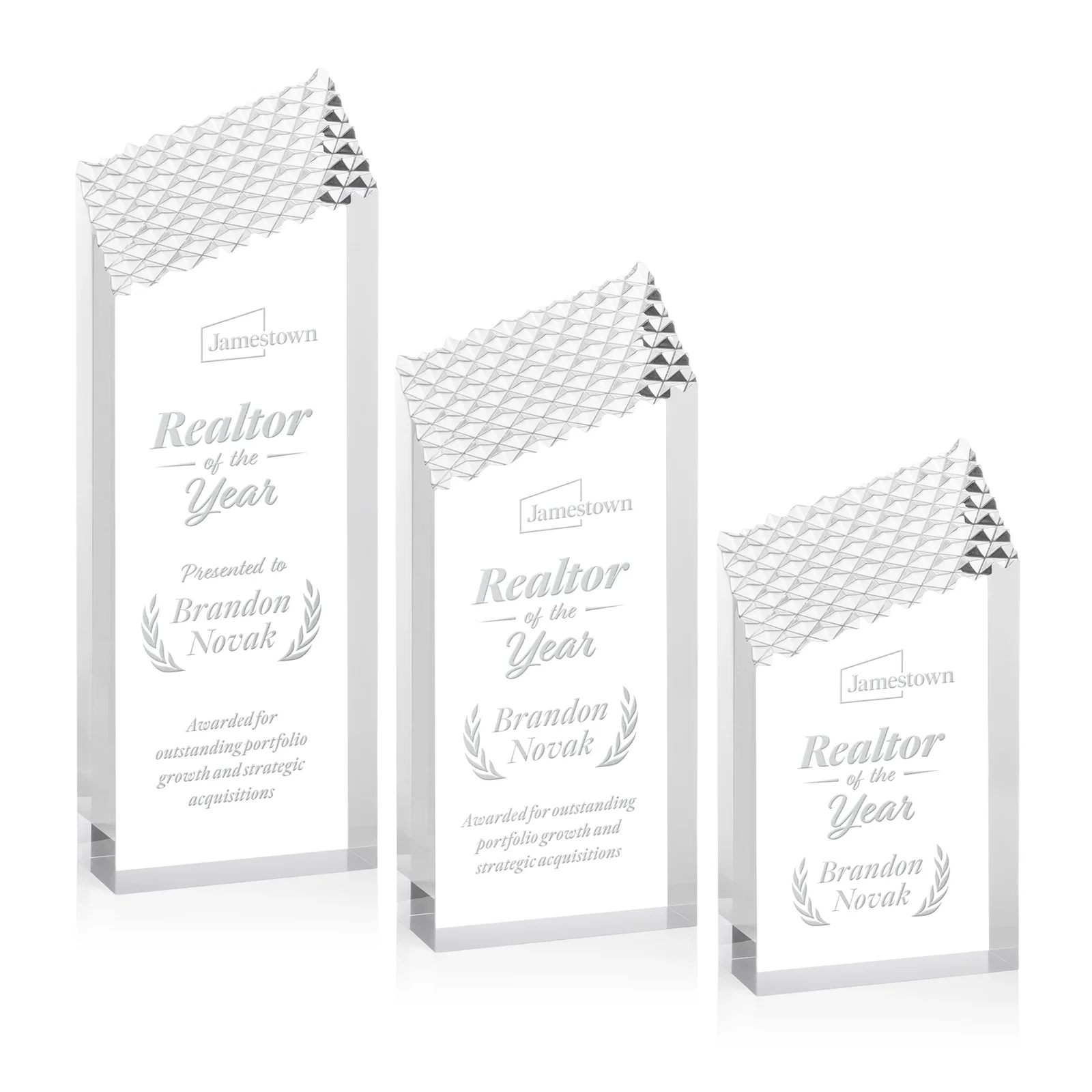 Custom Acrylic Tower Award with Faceted Textured Top for employee recognition