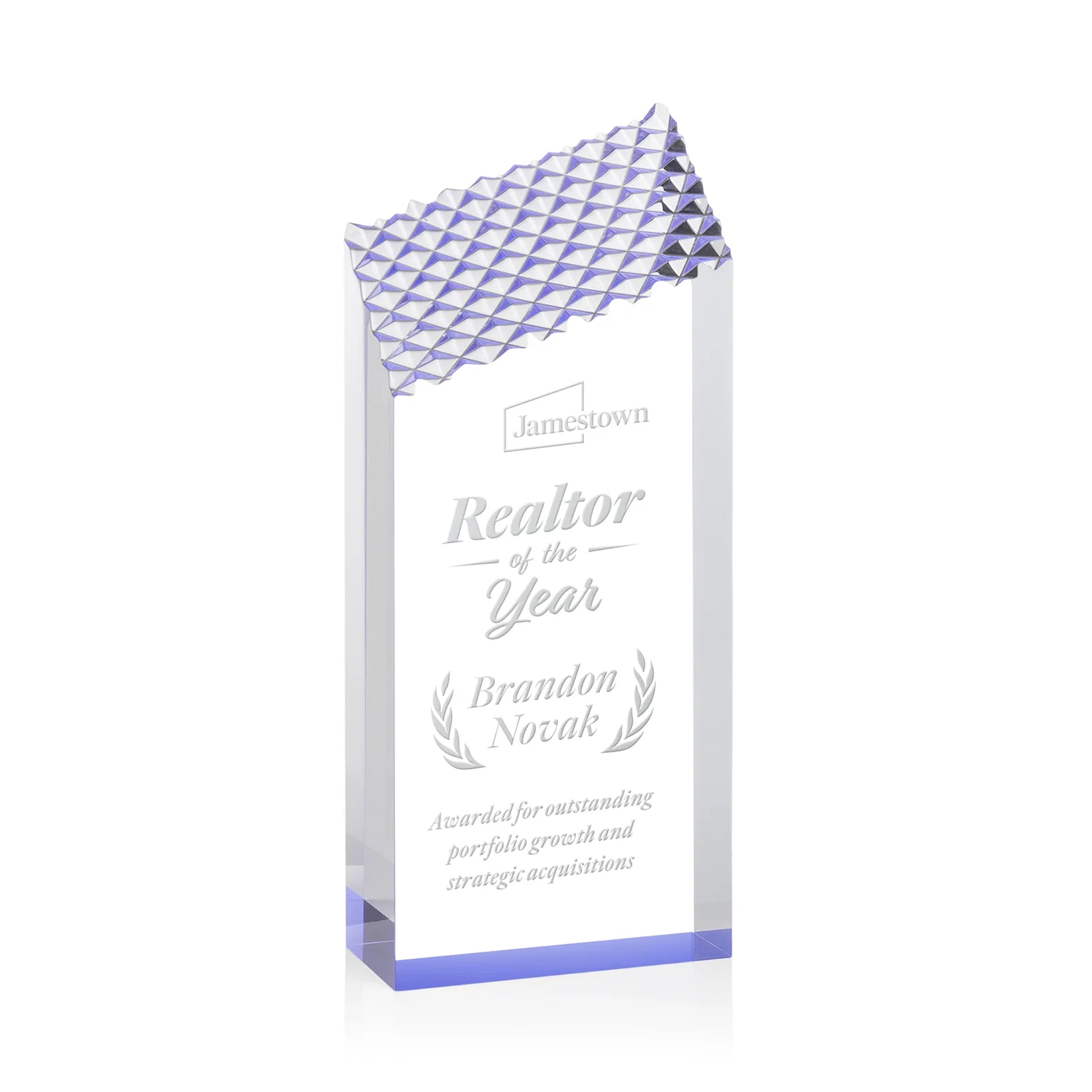 Custom Acrylic Tower Award with Faceted Textured Top for dealer and partner awards