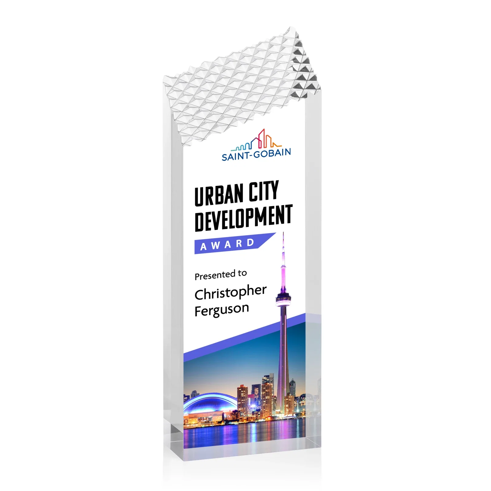 Personalized Acrylic Tower Award with Faceted Textured Top for sales achievement awards