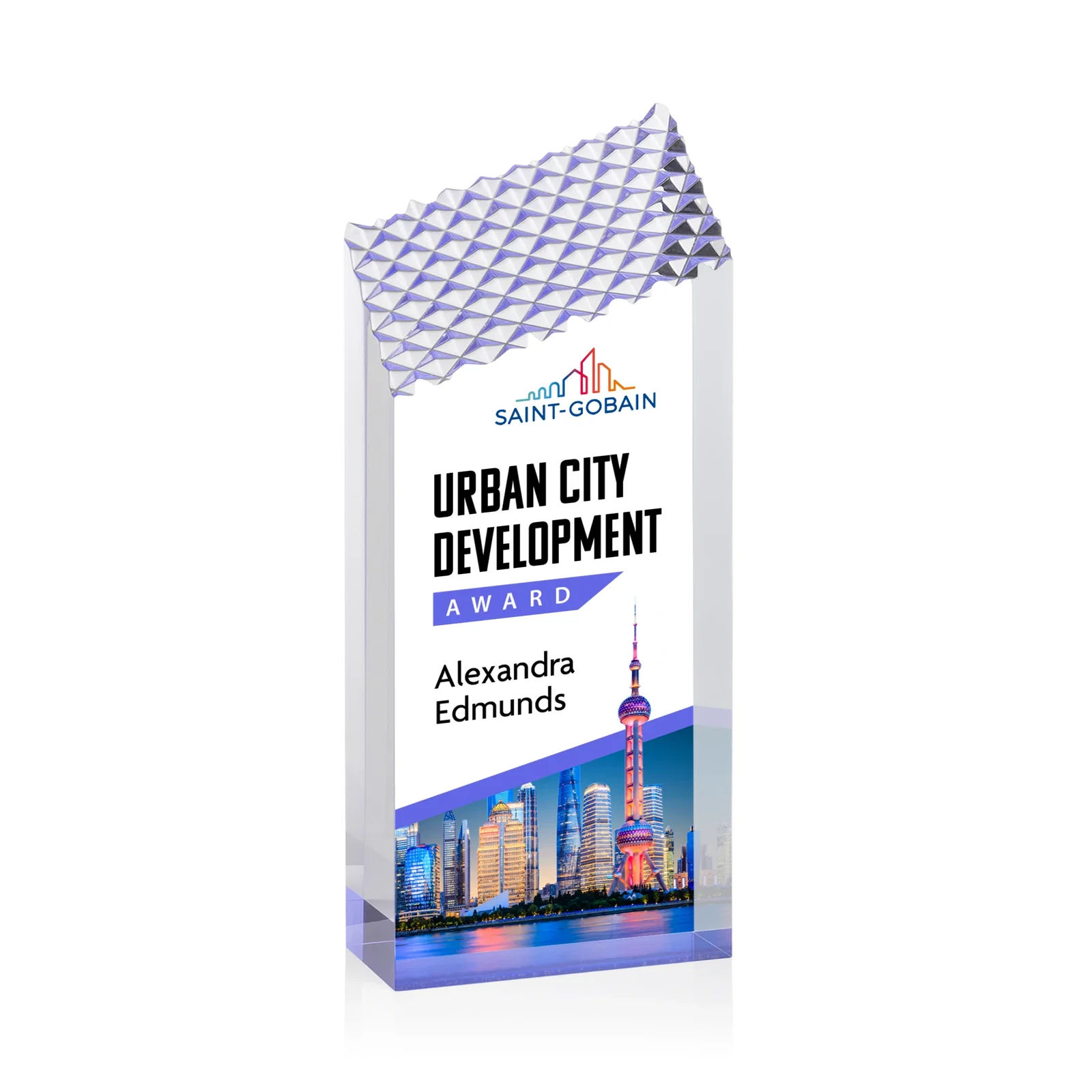 Personalized Acrylic Tower Award with Faceted Textured Top for dealer and partner awards
