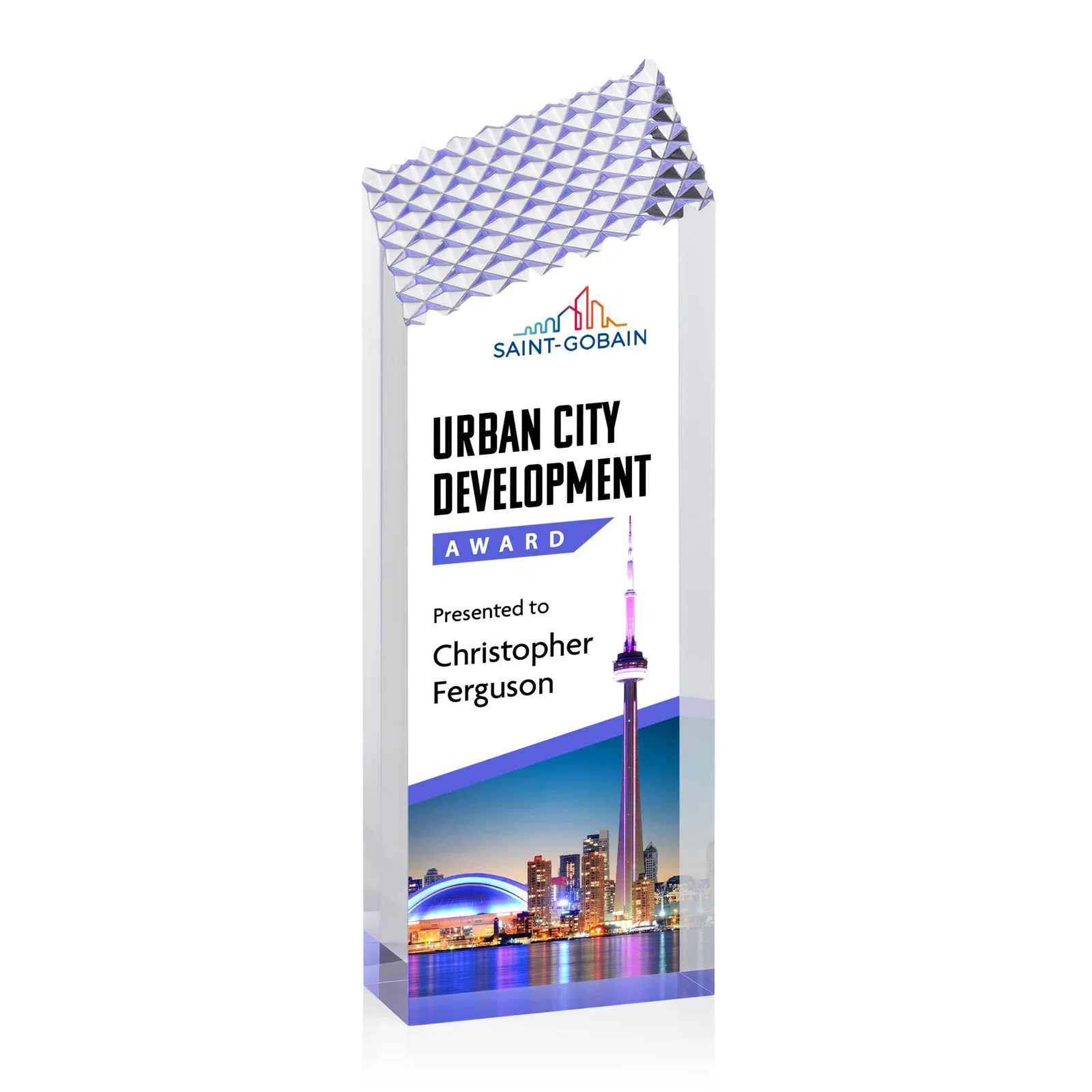Personalized Acrylic Tower Award with Faceted Textured Top for company anniversary events