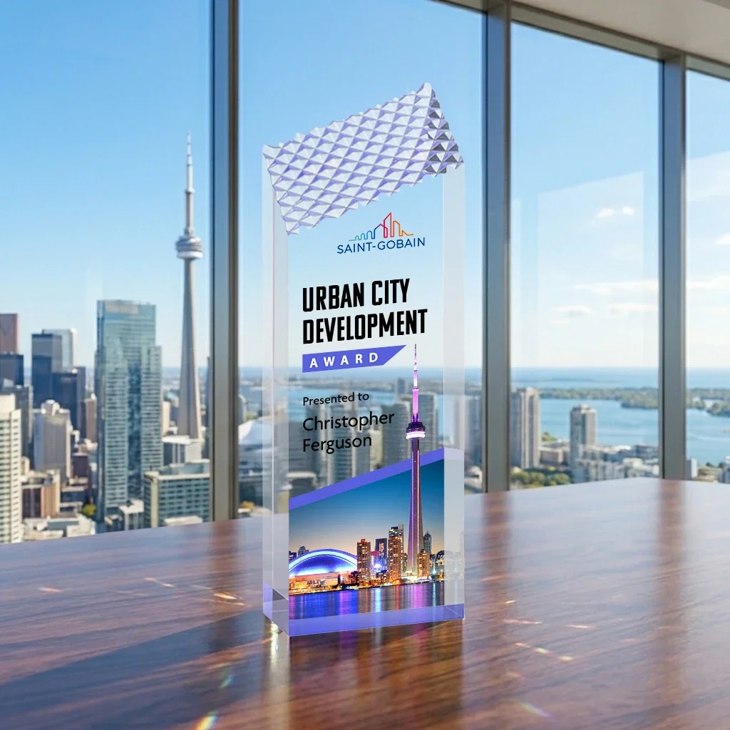 Promotional Acrylic Tower Award with Faceted Textured Top for employee recognition