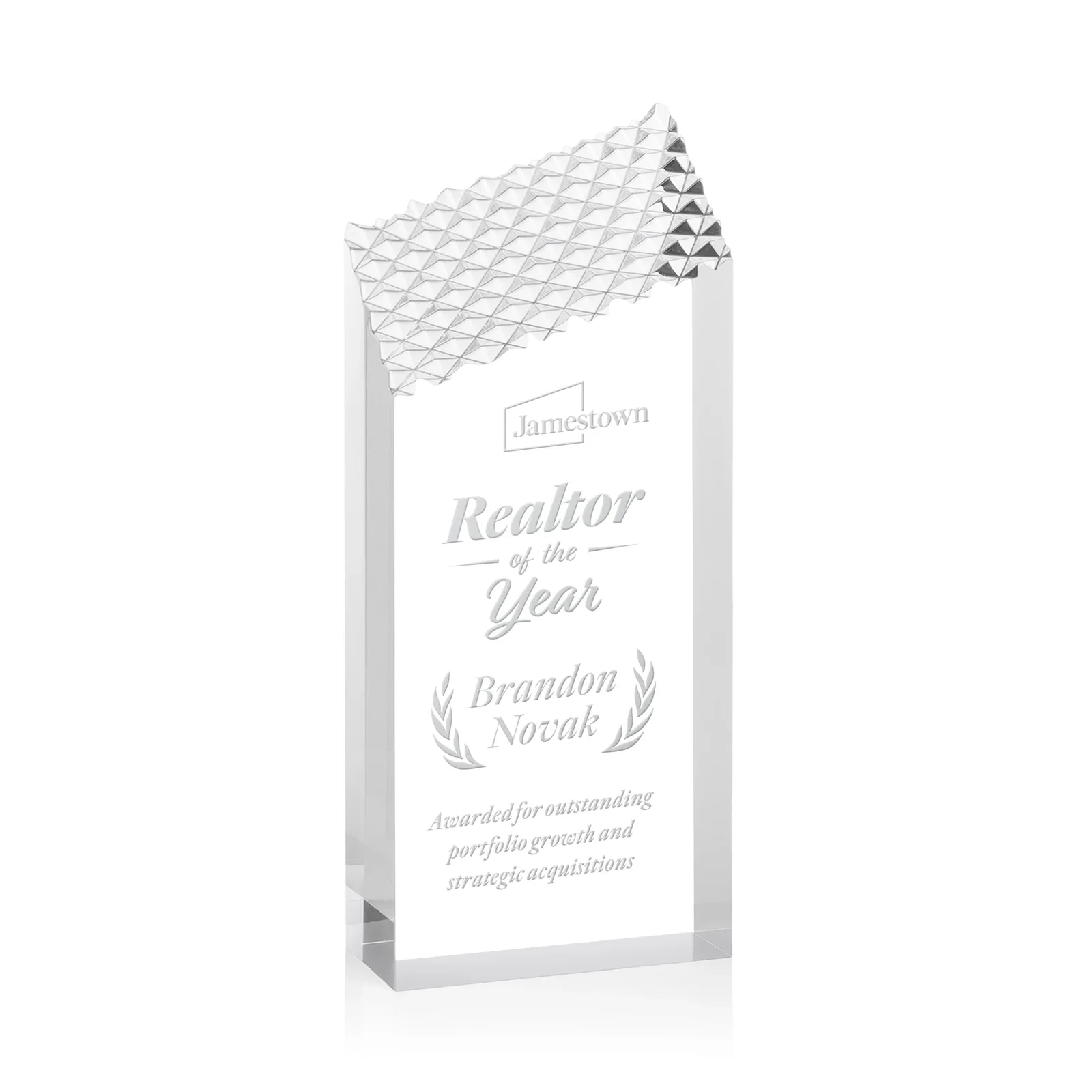 Custom Acrylic Tower Award with Faceted Textured Top for service anniversary gifts