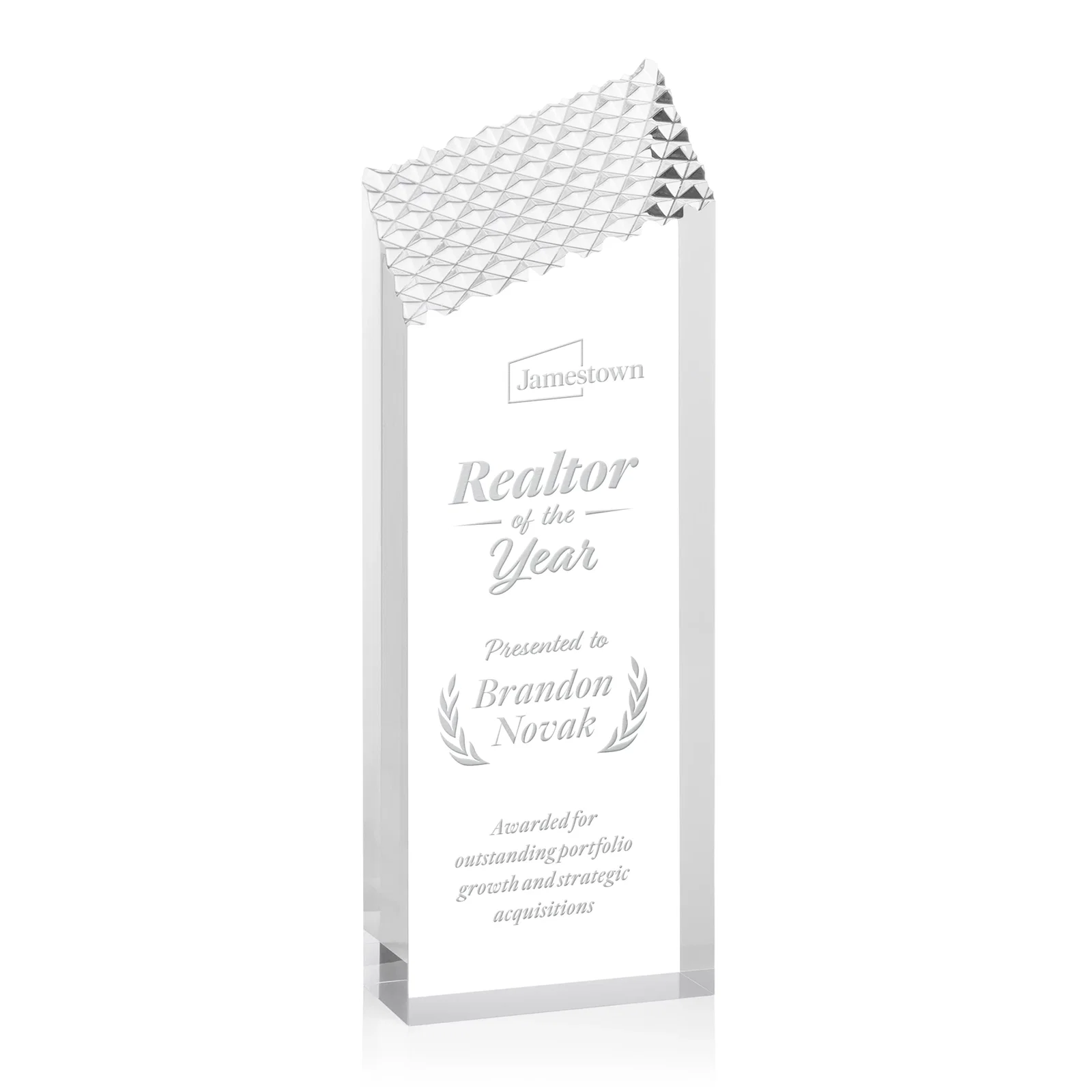 Custom Acrylic Tower Award with Faceted Textured Top for sales achievement awards